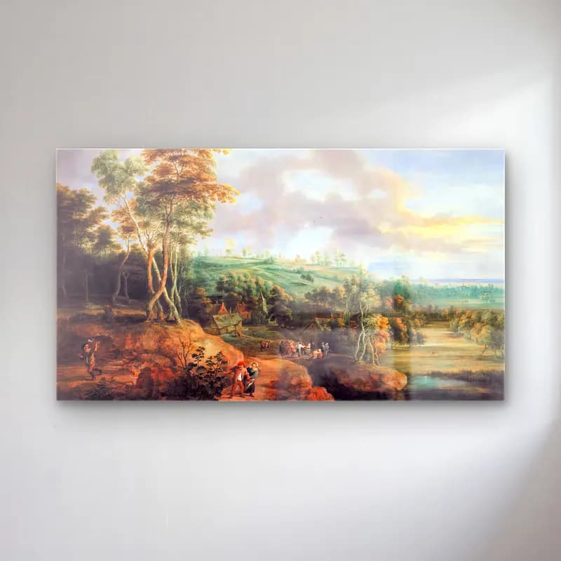 Lucas van Uden – Landscape with Village Feast in the Background cam tablo — Lucas van Uden – Landscape with Village Feast in the Background — yağlı boya kır evi