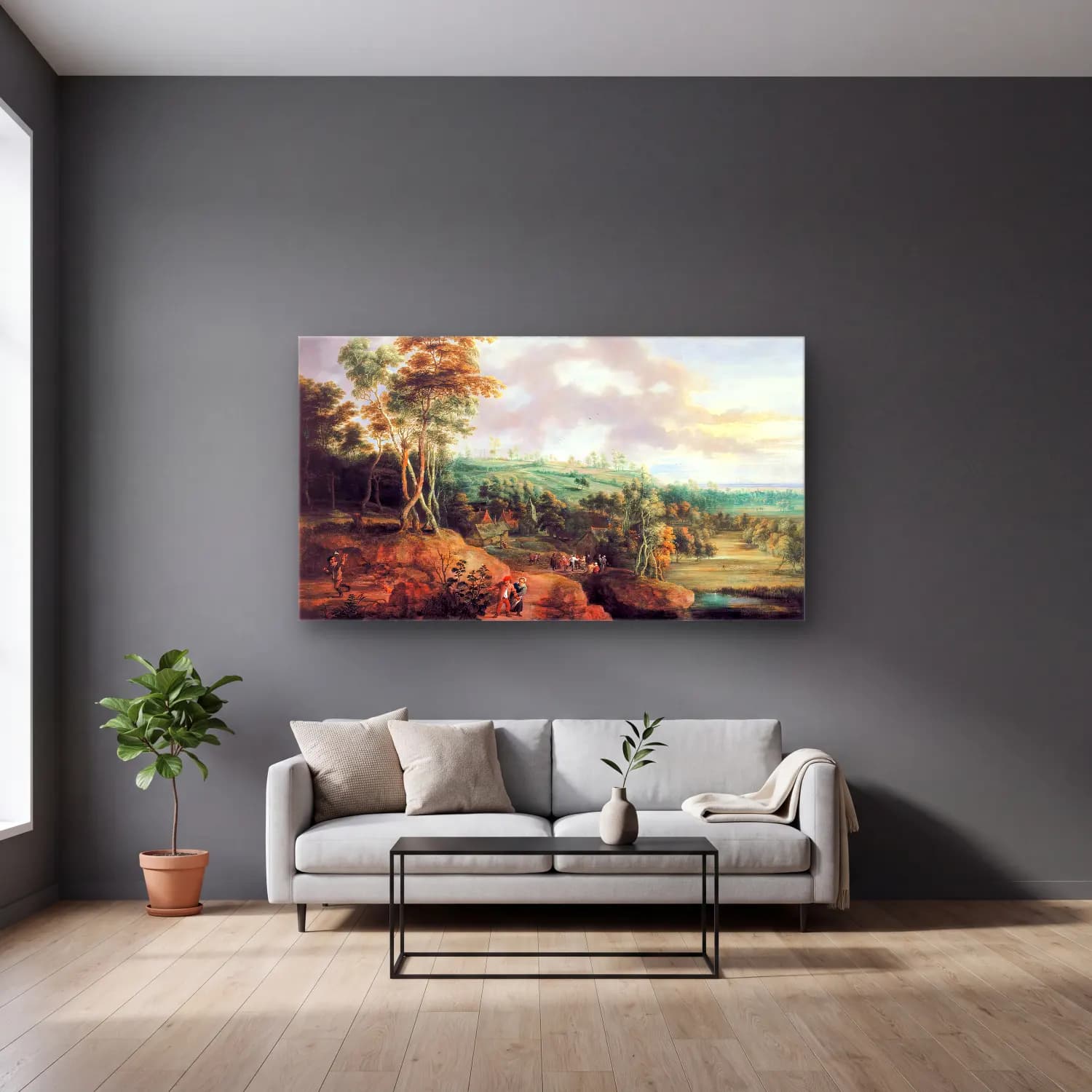 Lucas van Uden – Landscape with Village Feast in the Background cam tablo — gri duvarlı salonda