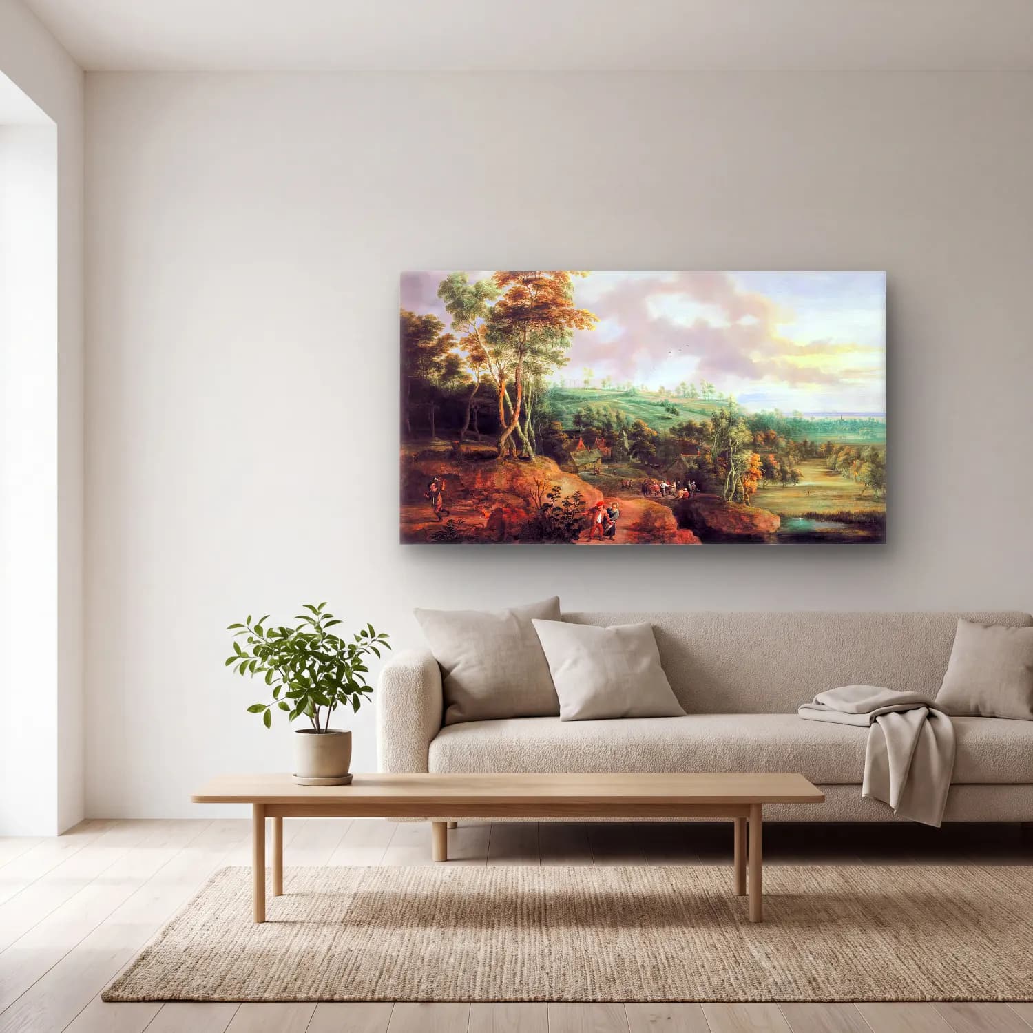 Lucas van Uden – Landscape with Village Feast in the Background cam tablo — açık renk salonda