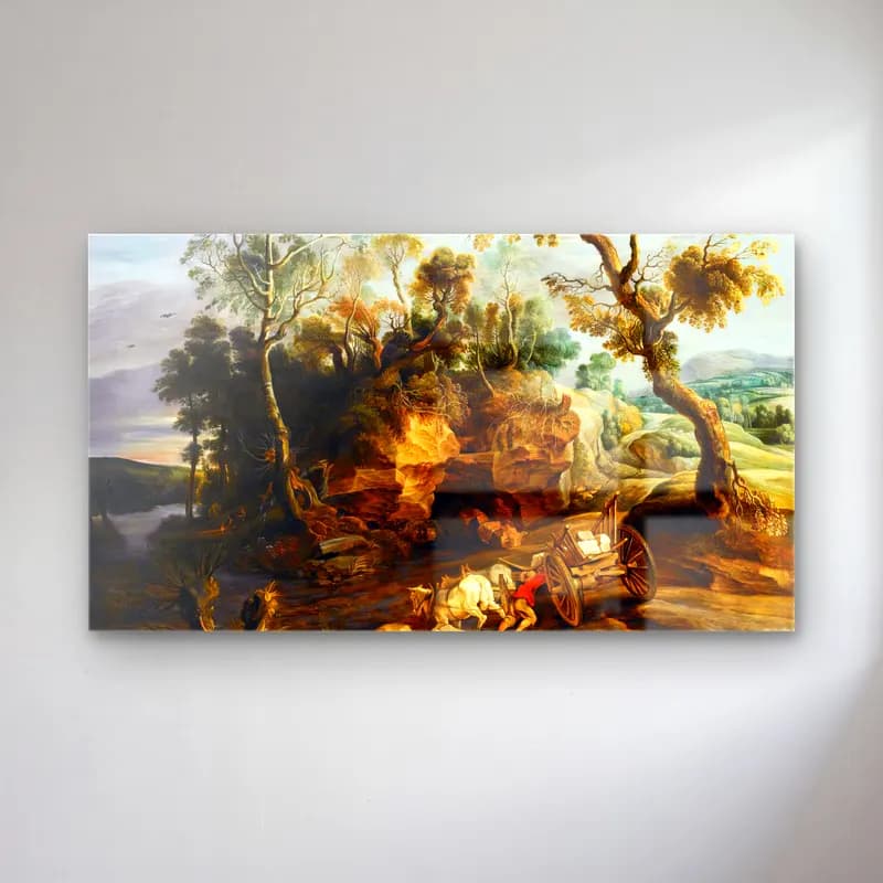 Lucas van Uden – Landscape with a Cart Crossing a River cam tablo — Lucas van Uden – Landscape with a Cart Crossing a River — yağlı boya mitolojik sahne