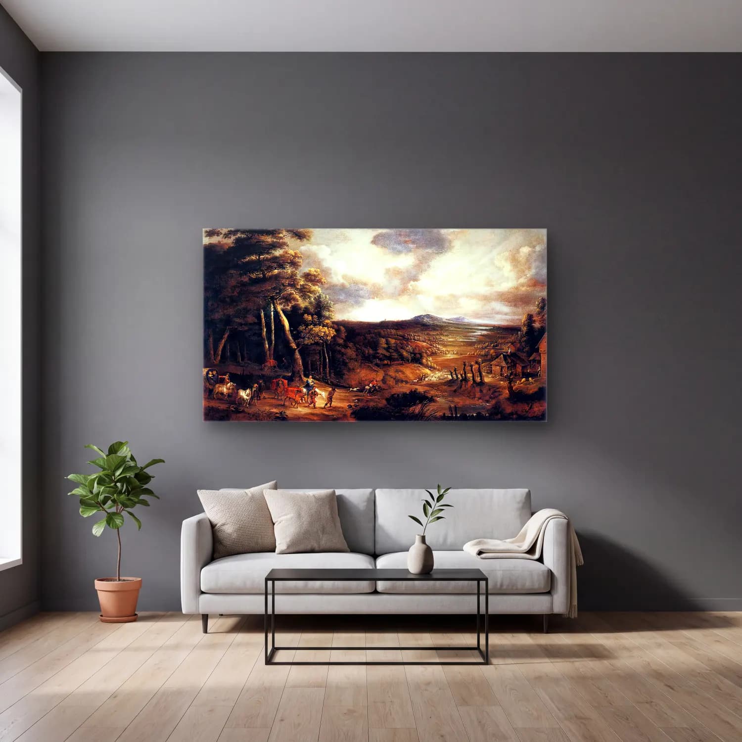 Lucas van Uden – Landscape with the Flight into Egypt cam tablo — gri duvarlı salonda