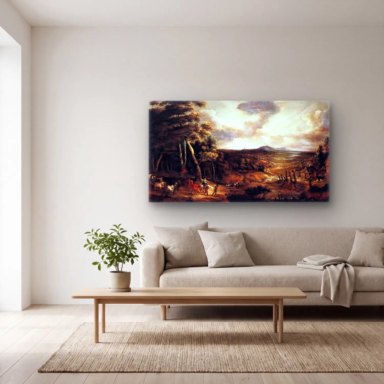 Lucas van Uden – Landscape with the Flight into Egypt cam tablo — açık renk salonda
