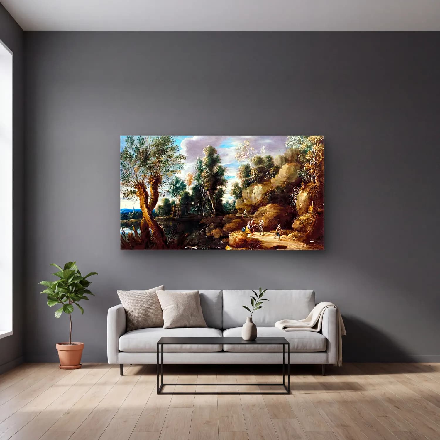 Lucas van Uden – River Landscape cam tablo — gri duvarlı salonda