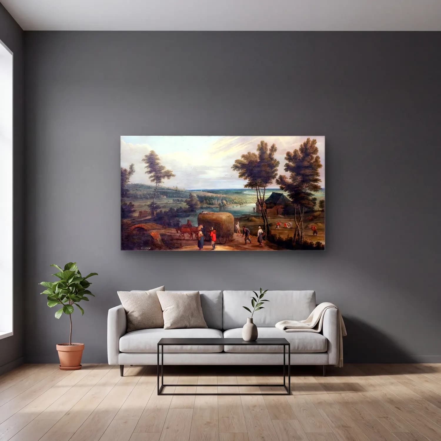 Lucas van Uden – Summer Landscape, Haying cam tablo — gri duvarlı salonda