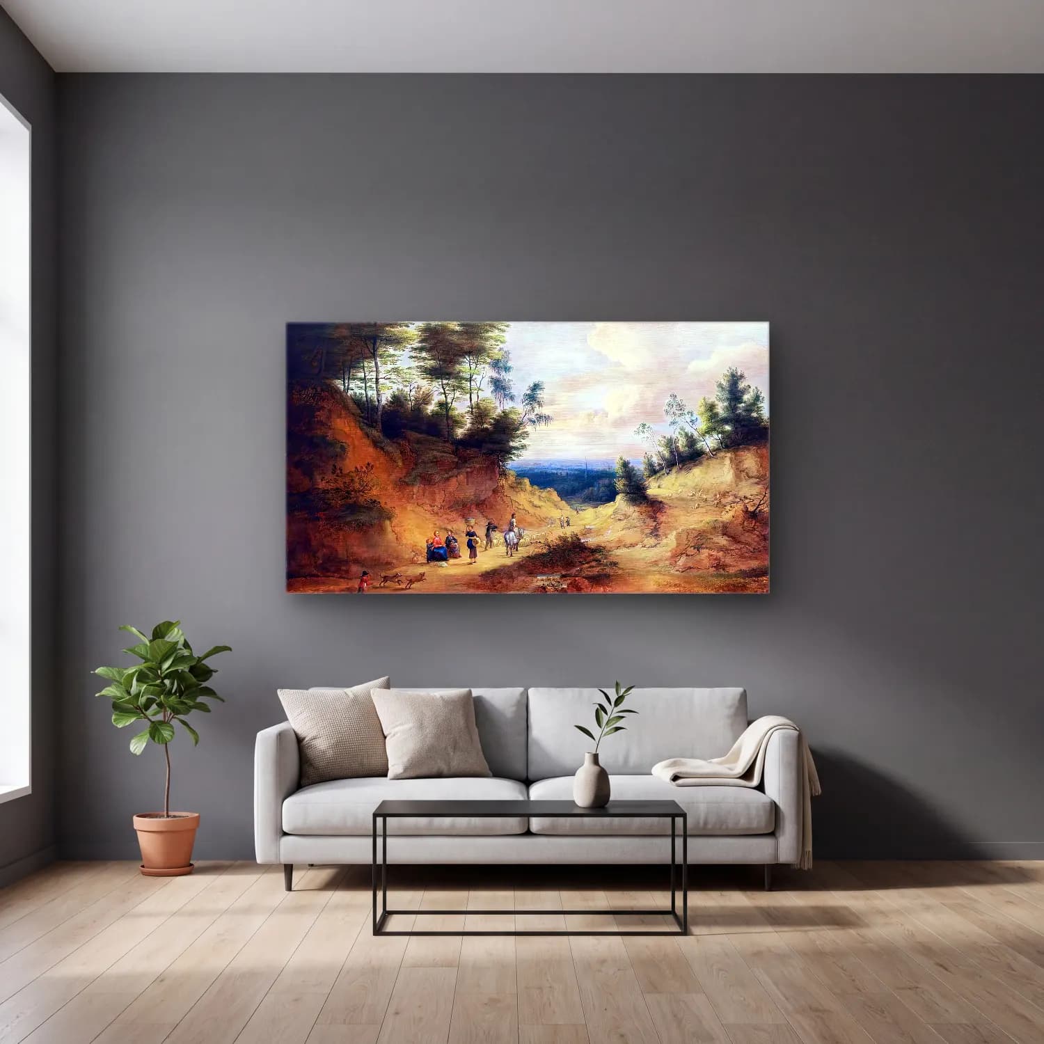 Lucas van Uden – Wooded Dune Landscape cam tablo — gri duvarlı salonda