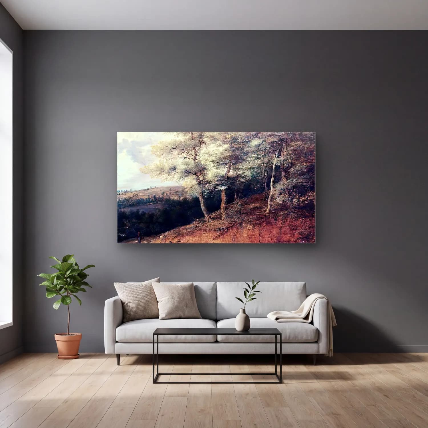 Lucas van Uden – Wooded Landscape cam tablo — gri duvarlı salonda