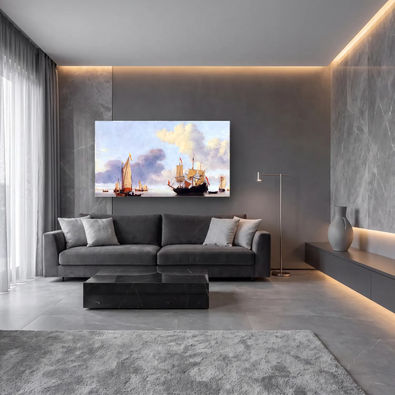 Yağlı Boya Yelkenliler cam tablo — lüks salon duvarında