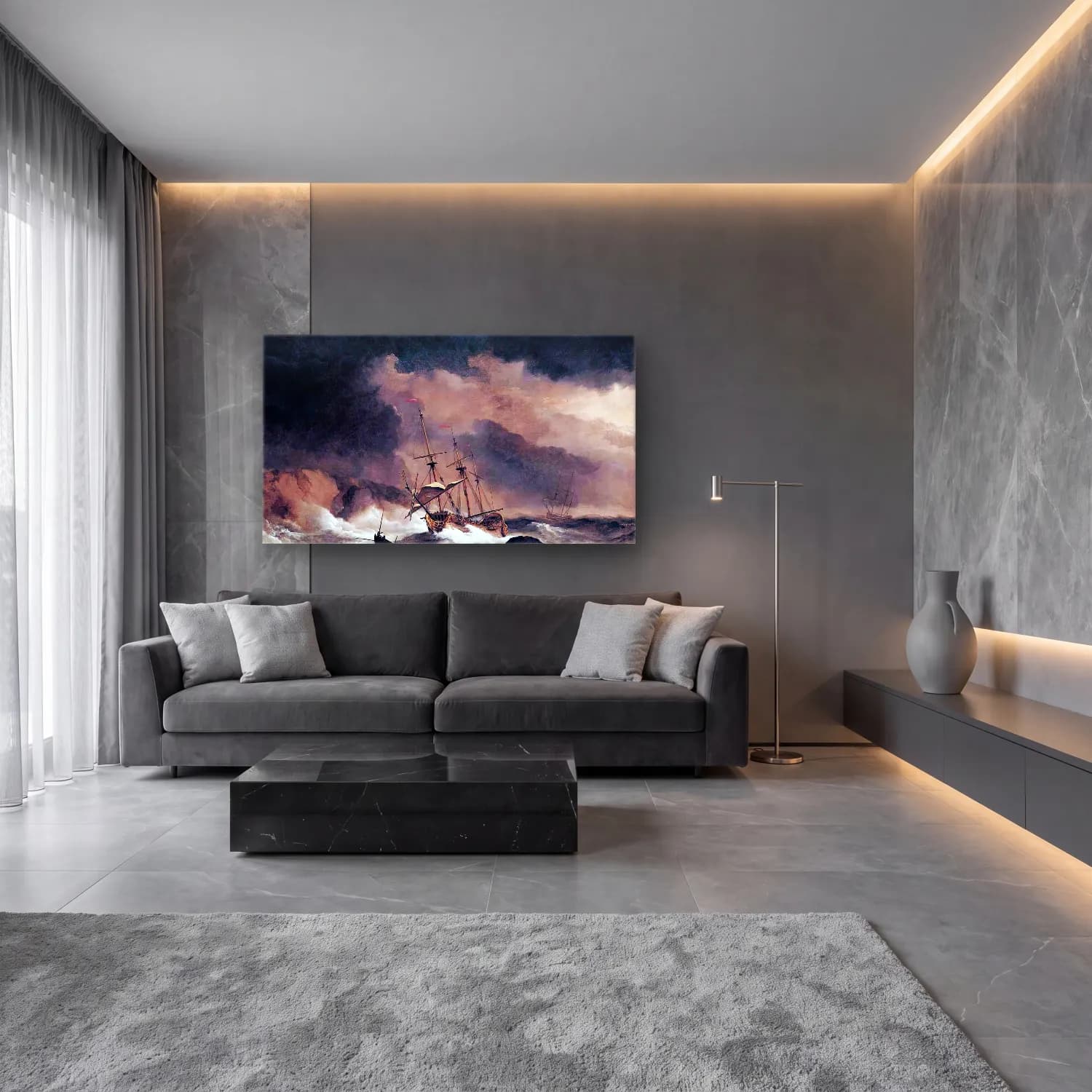 Yağlı Boya Fırtınalı Denizde Gemi cam tablo — lüks salon duvarında