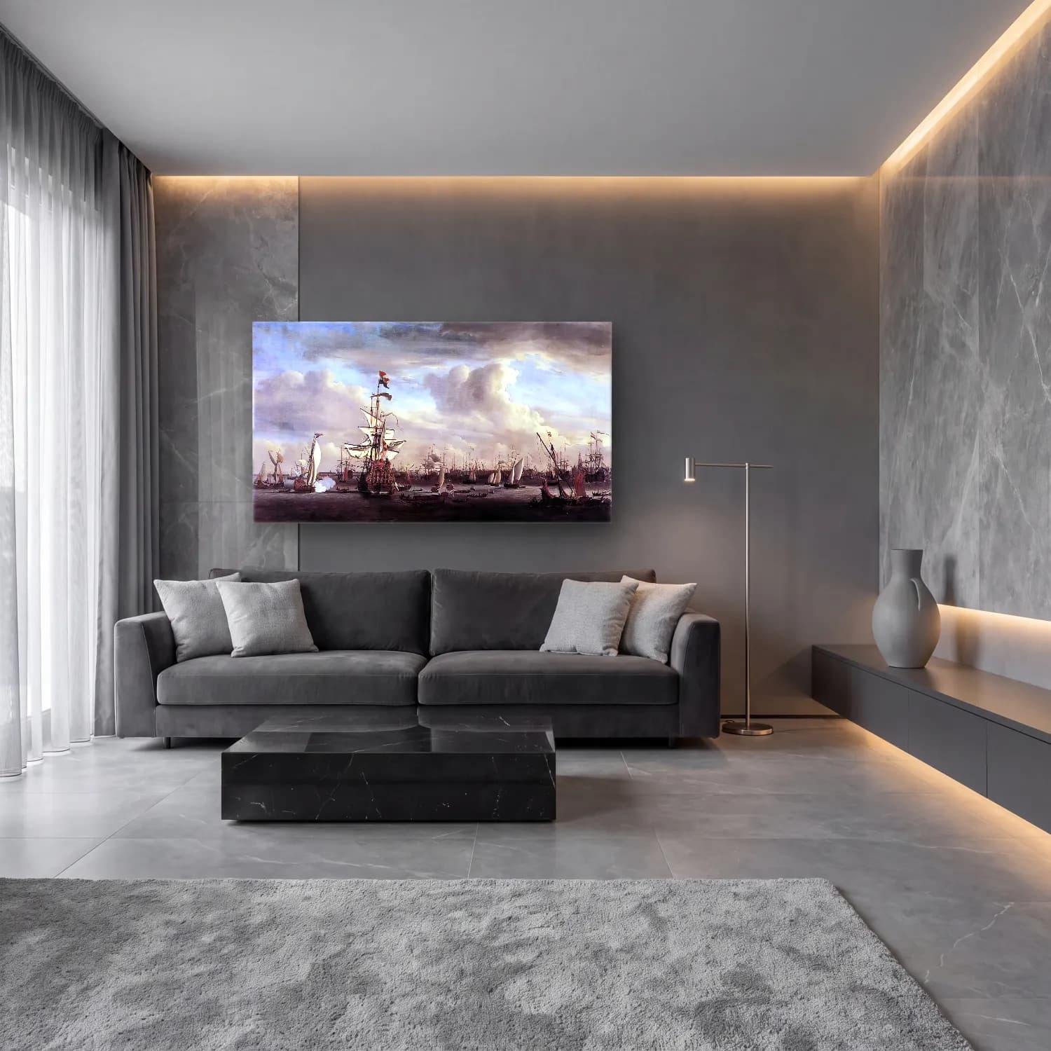 Yağlı Boya Liman ve Tekneler – Siyah Beyaz Tonlar cam tablo — lüks salon duvarında