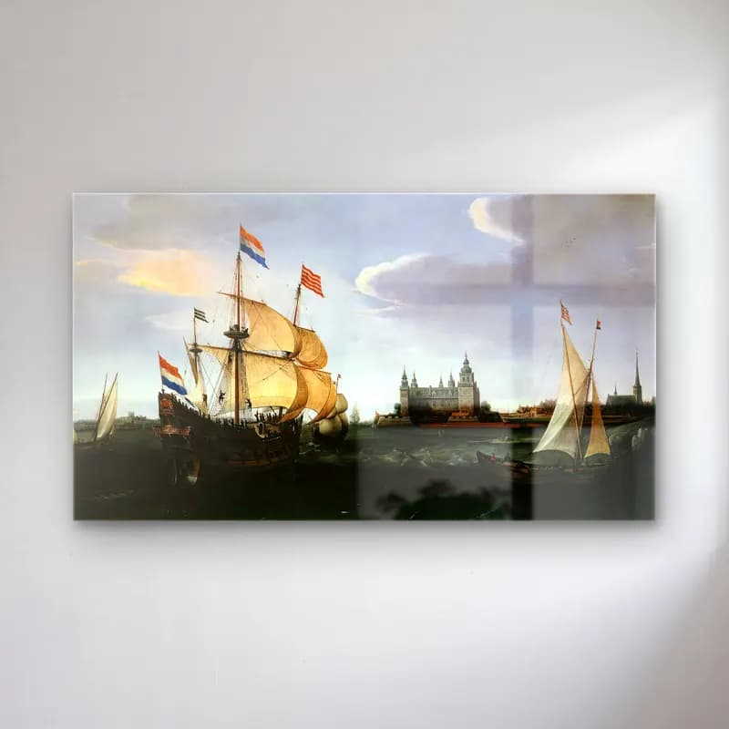 Hendrick Cornelisz Vroom – Arrival of a Dutch Three-master at Schloss Kronberg cam tablo — Hendrick Cornelisz Vroom – Arrival of a Dutch Three-master at Schloss Kronberg — yağlı boya liman ve tekneler