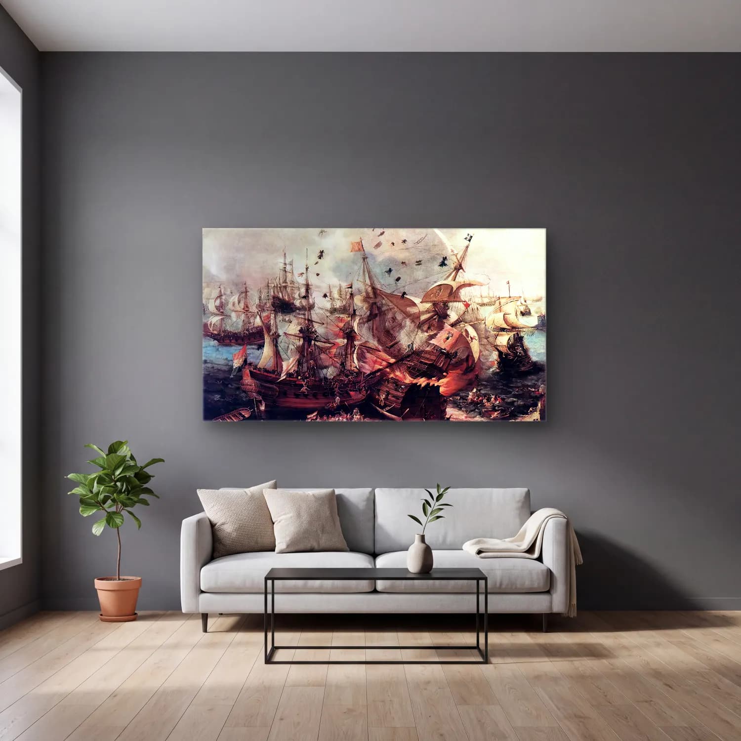 Hendrick Cornelisz Vroom – Battle of Gibraltar cam tablo — gri duvarlı salonda