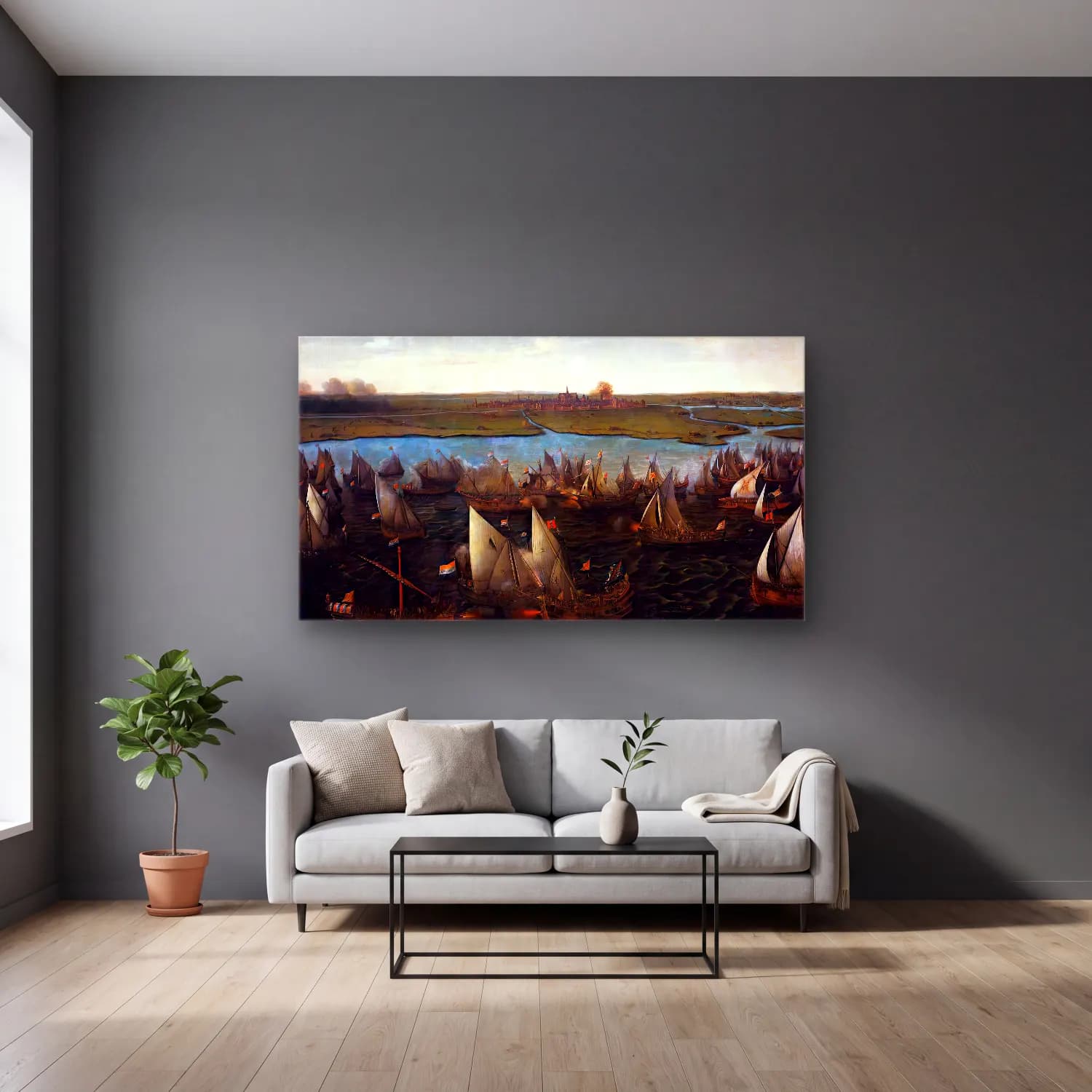 Hendrick Cornelisz Vroom – Battle of Haarlemmermeer cam tablo — gri duvarlı salonda