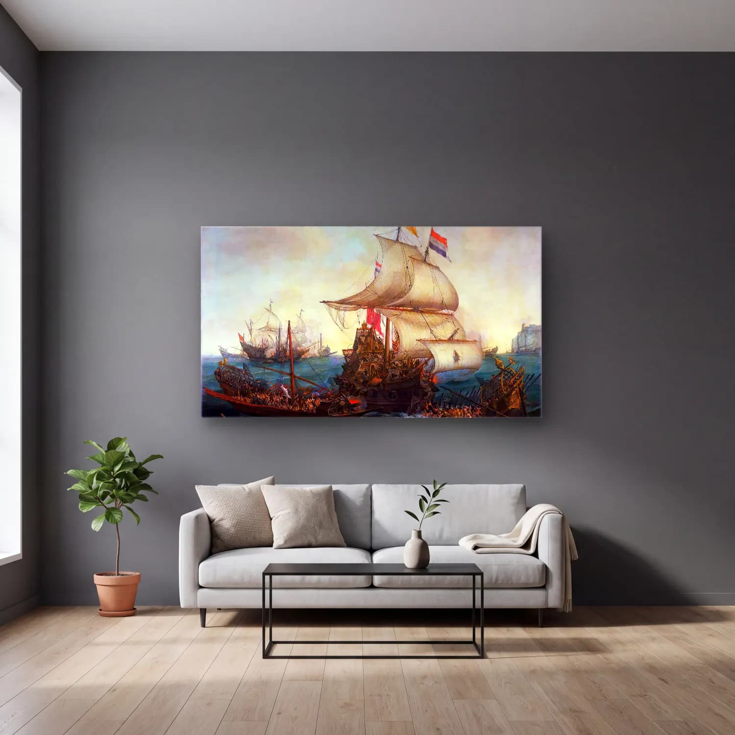 Hendrick Cornelisz Vroom – Dutch Ships Ramming Spanish Galleys off the Flemish Coast… cam tablo — gri duvarlı salonda