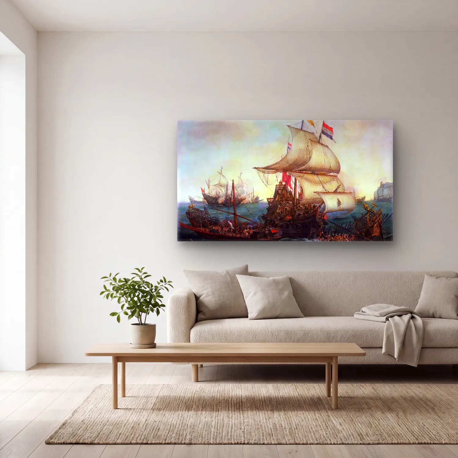 Hendrick Cornelisz Vroom – Dutch Ships Ramming Spanish Galleys off the Flemish Coast… cam tablo — açık renk salonda