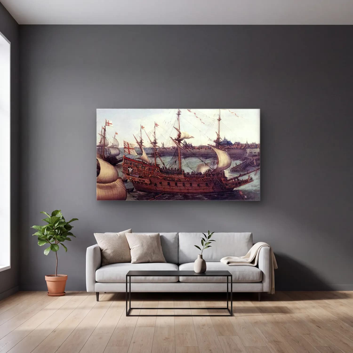 Hendrick Cornelisz Vroom – The Arrival at Vlissingen of the Elector Palatinate… cam tablo — gri duvarlı salonda