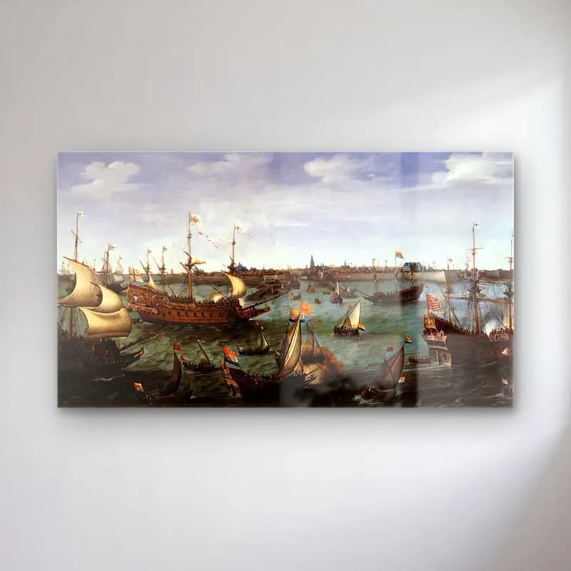 Hendrick Cornelisz Vroom – The Arrival at Vlissingen of the Elector Palatinate… – Siyah Beyaz Tonlar cam tablo — Hendrick Cornelisz Vroom – The Arrival at Vlissingen of the Elector Palatinate… – Siyah Beyaz Tonlar — yağlı boya liman ve tekneler