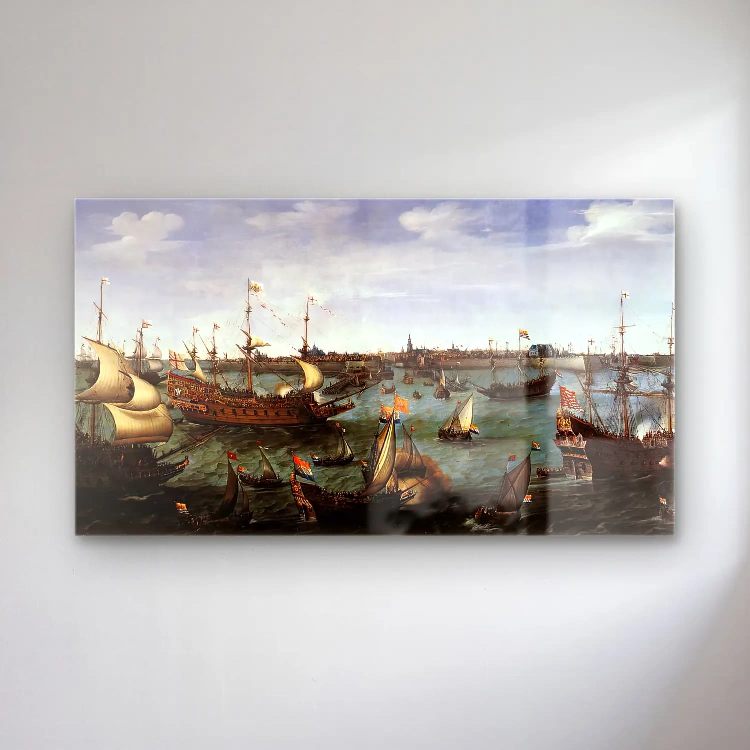 Hendrick Cornelisz Vroom – The Arrival at Vlissingen of the Elector Palatinate… – Siyah Beyaz Tonlar cam tablo — Hendrick Cornelisz Vroom – The Arrival at Vlissingen of the Elector Palatinate… – Siyah Beyaz Tonlar — yağlı boya liman ve tekneler