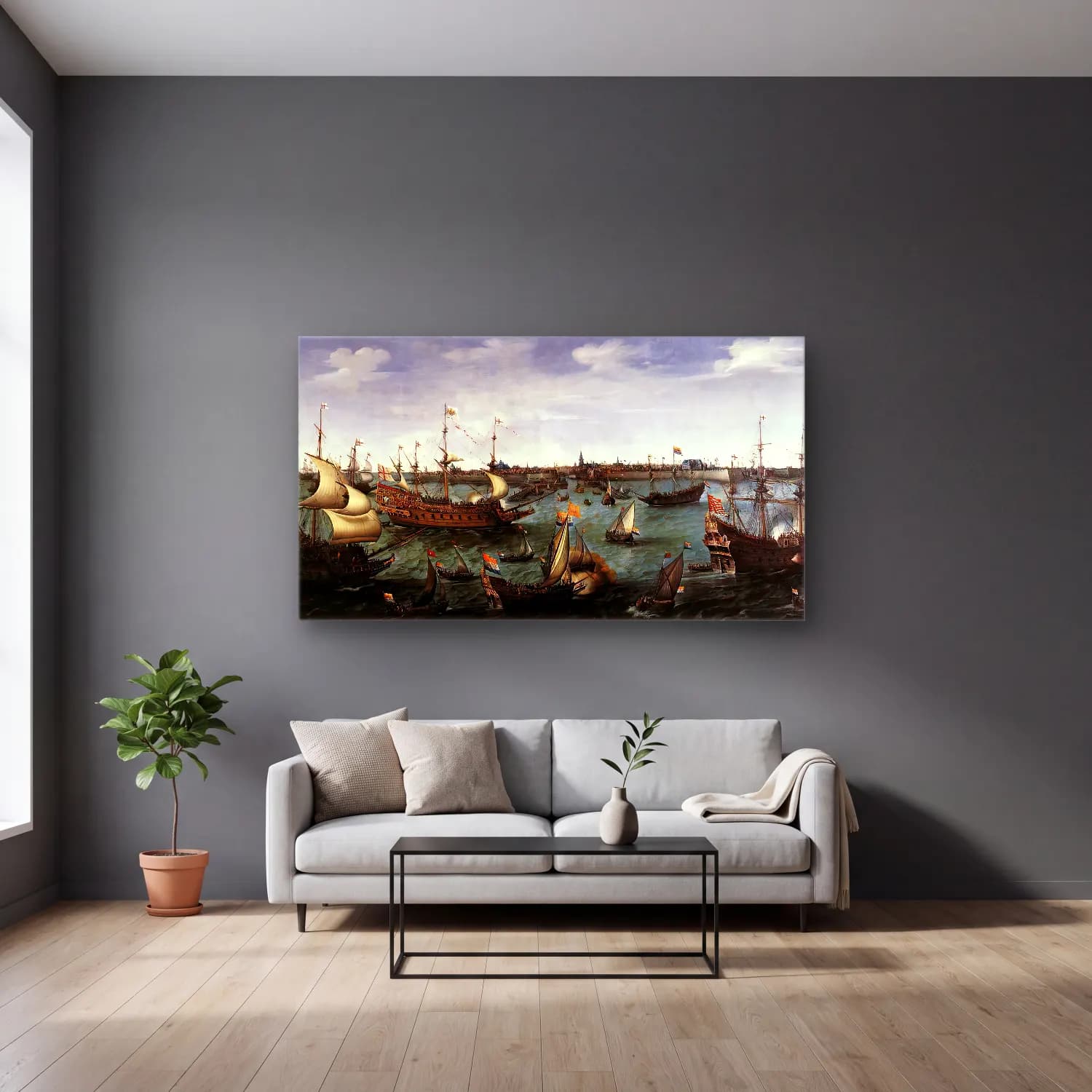 Hendrick Cornelisz Vroom – The Arrival at Vlissingen of the Elector Palatinate… – Siyah Beyaz Tonlar cam tablo — gri duvarlı salonda