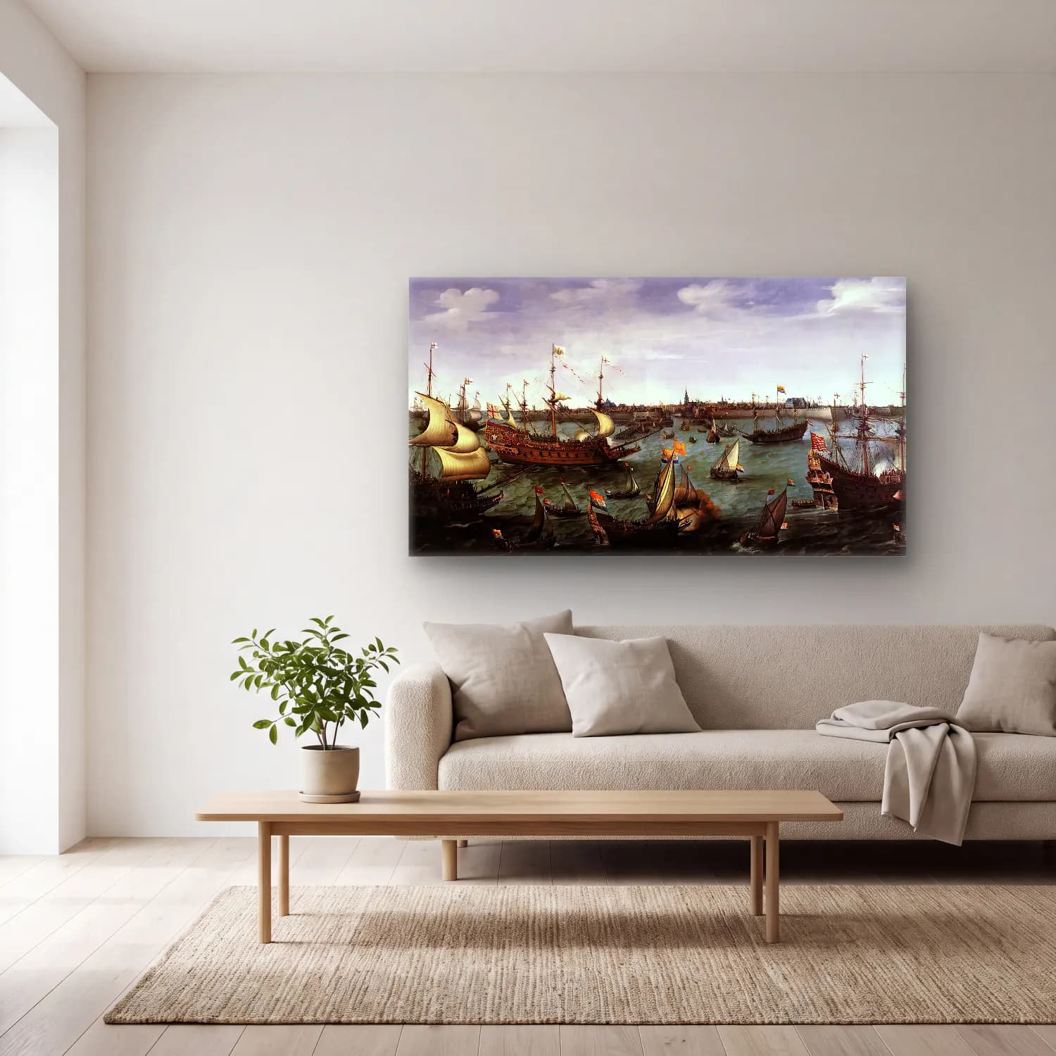 Hendrick Cornelisz Vroom – The Arrival at Vlissingen of the Elector Palatinate… – Siyah Beyaz Tonlar cam tablo — açık renk salonda