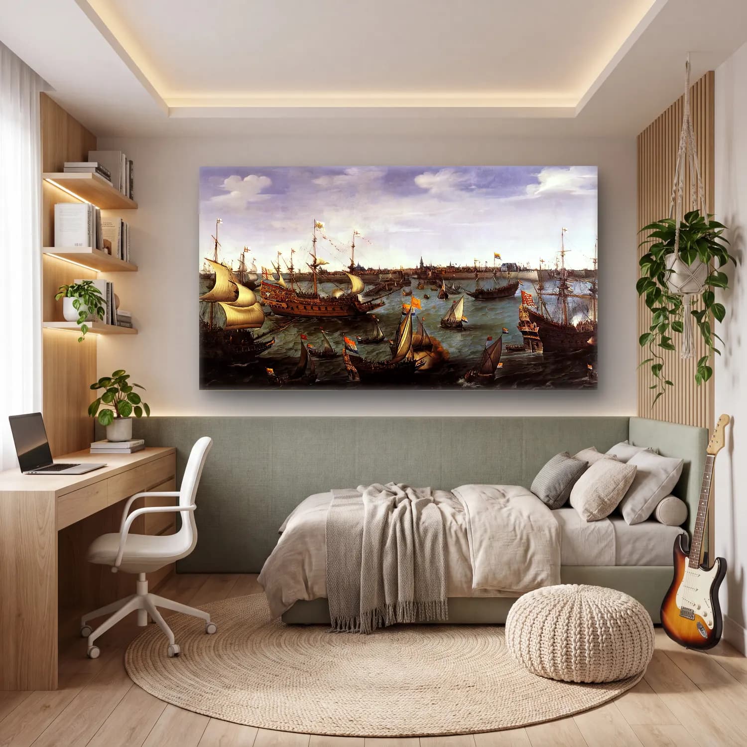 Hendrick Cornelisz Vroom – The Arrival at Vlissingen of the Elector Palatinate… – Siyah Beyaz Tonlar cam tablo — genç odasında