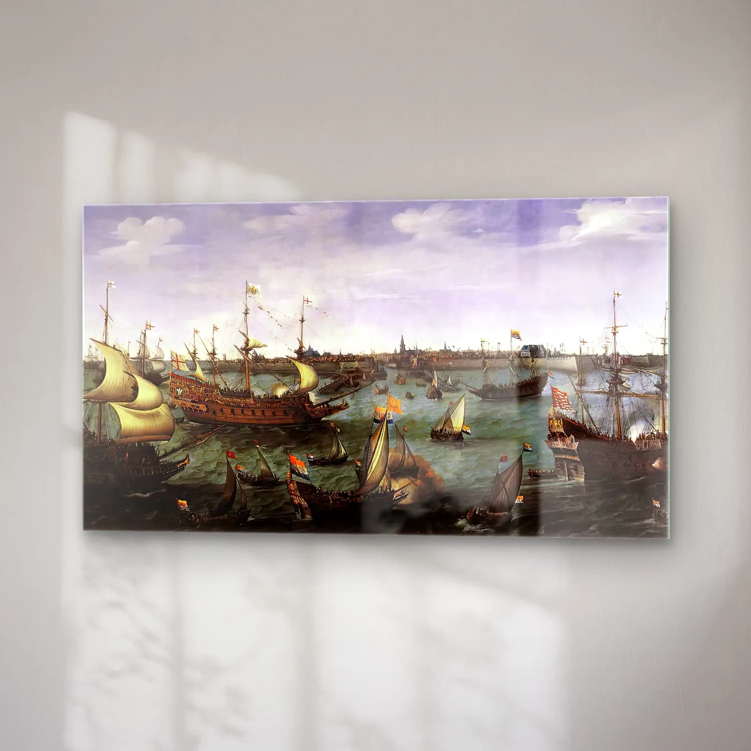 Hendrick Cornelisz Vroom – The Arrival at Vlissingen of the Elector Palatinate… – Siyah Beyaz Tonlar cam tablo — sağ açıdan görünüm