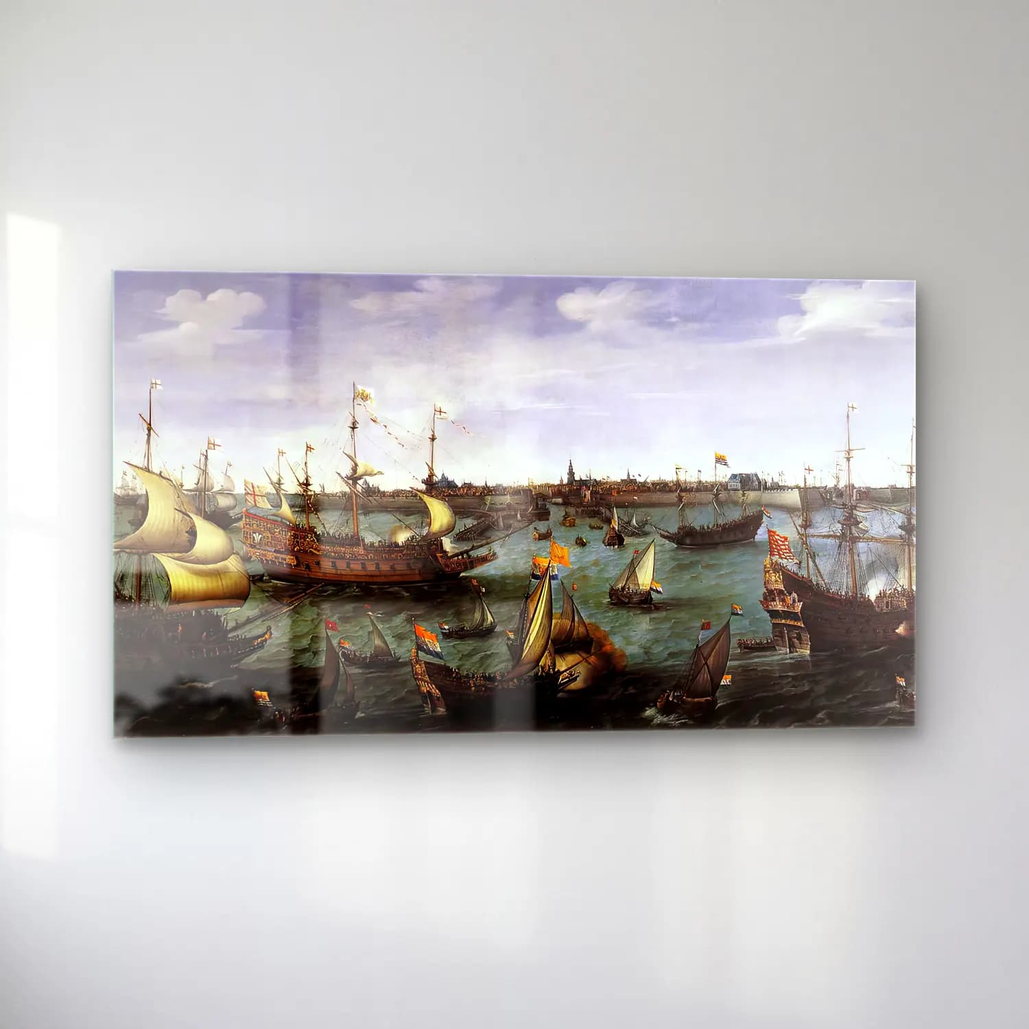 Hendrick Cornelisz Vroom – The Arrival at Vlissingen of the Elector Palatinate… – Siyah Beyaz Tonlar cam tablo — sol açıdan görünüm