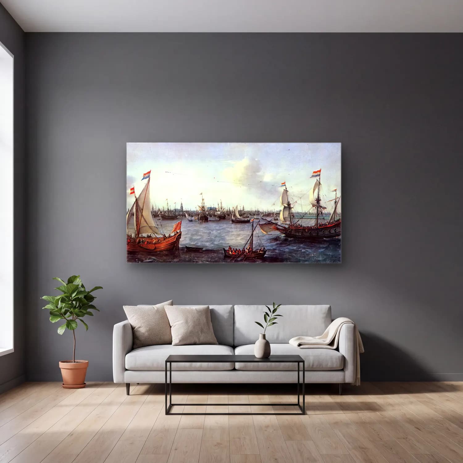 Hendrick Cornelisz Vroom – The Harbour in Amsterdam cam tablo — gri duvarlı salonda