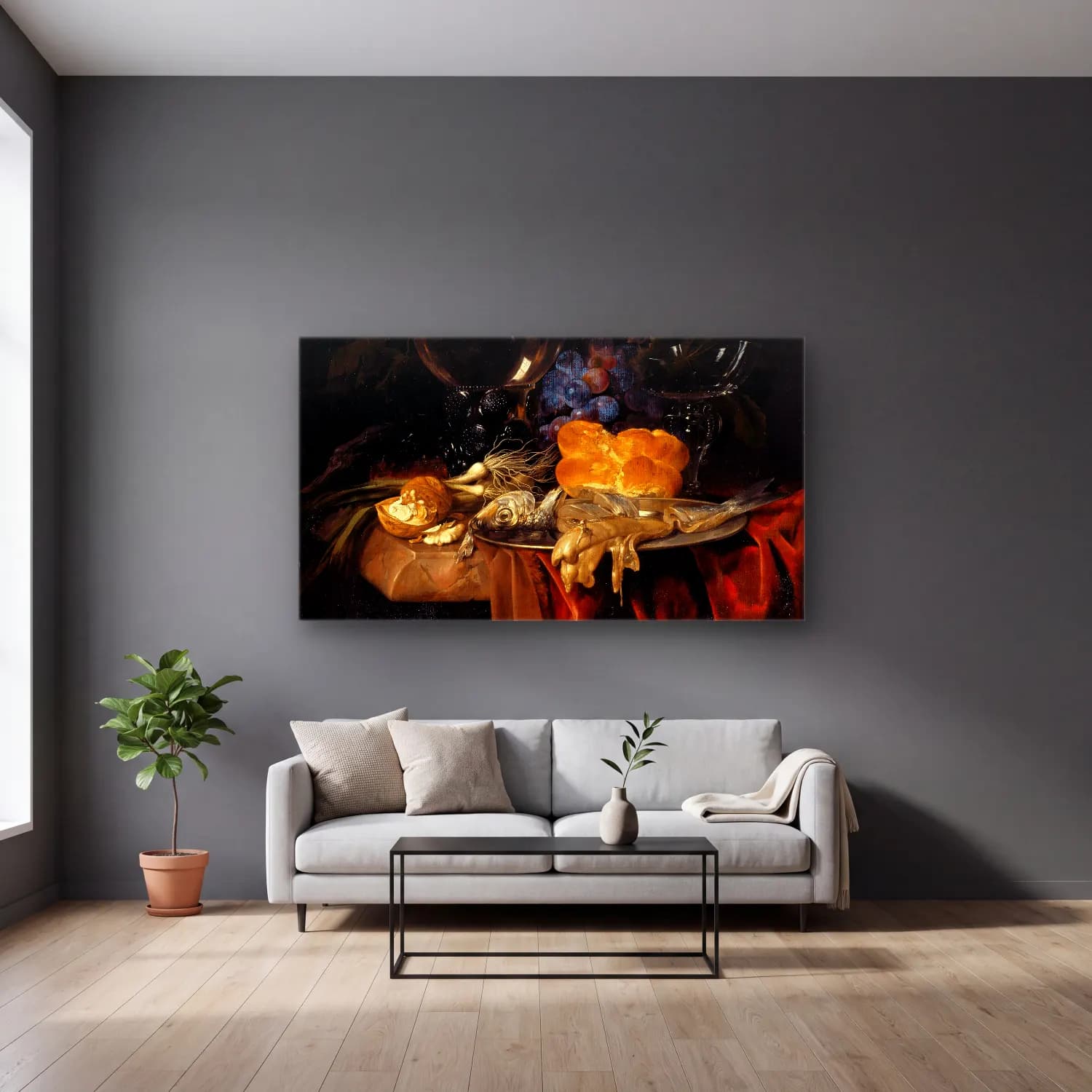 Willem van Aelst – Das Frühstück cam tablo — gri duvarlı salonda