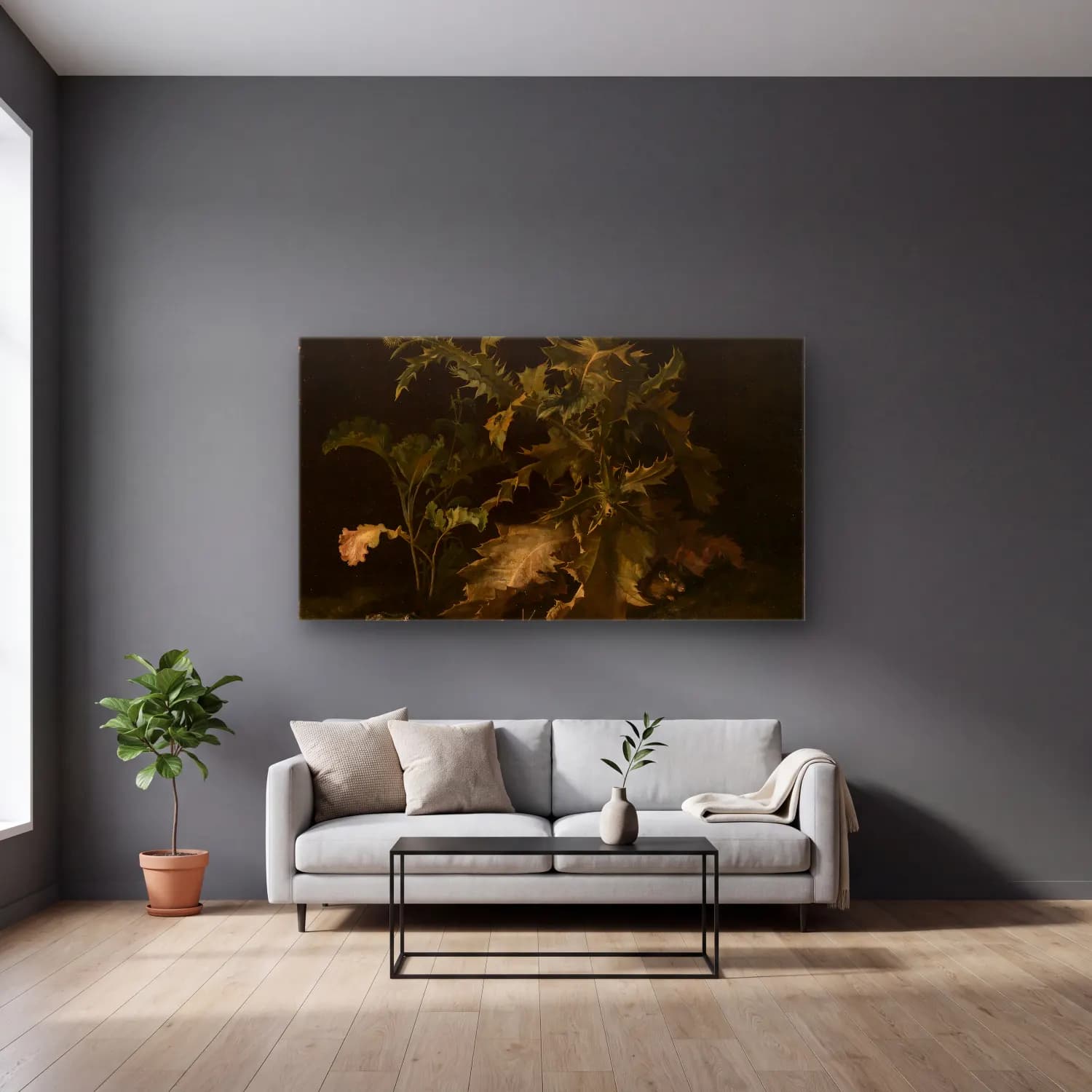 Willem van Aelst – Distel mit verschiedenen Tieren cam tablo — gri duvarlı salonda
