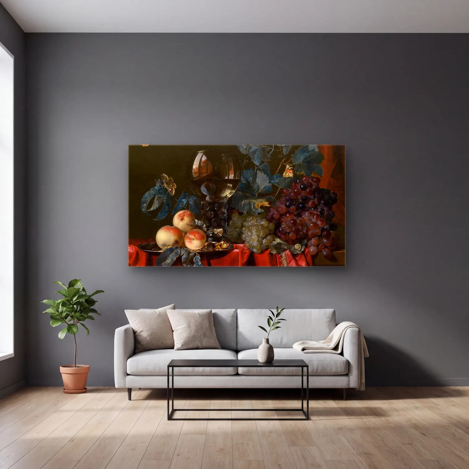 Willem van Aelst – Fruit and a Glass of Wine cam tablo — gri duvarlı salonda