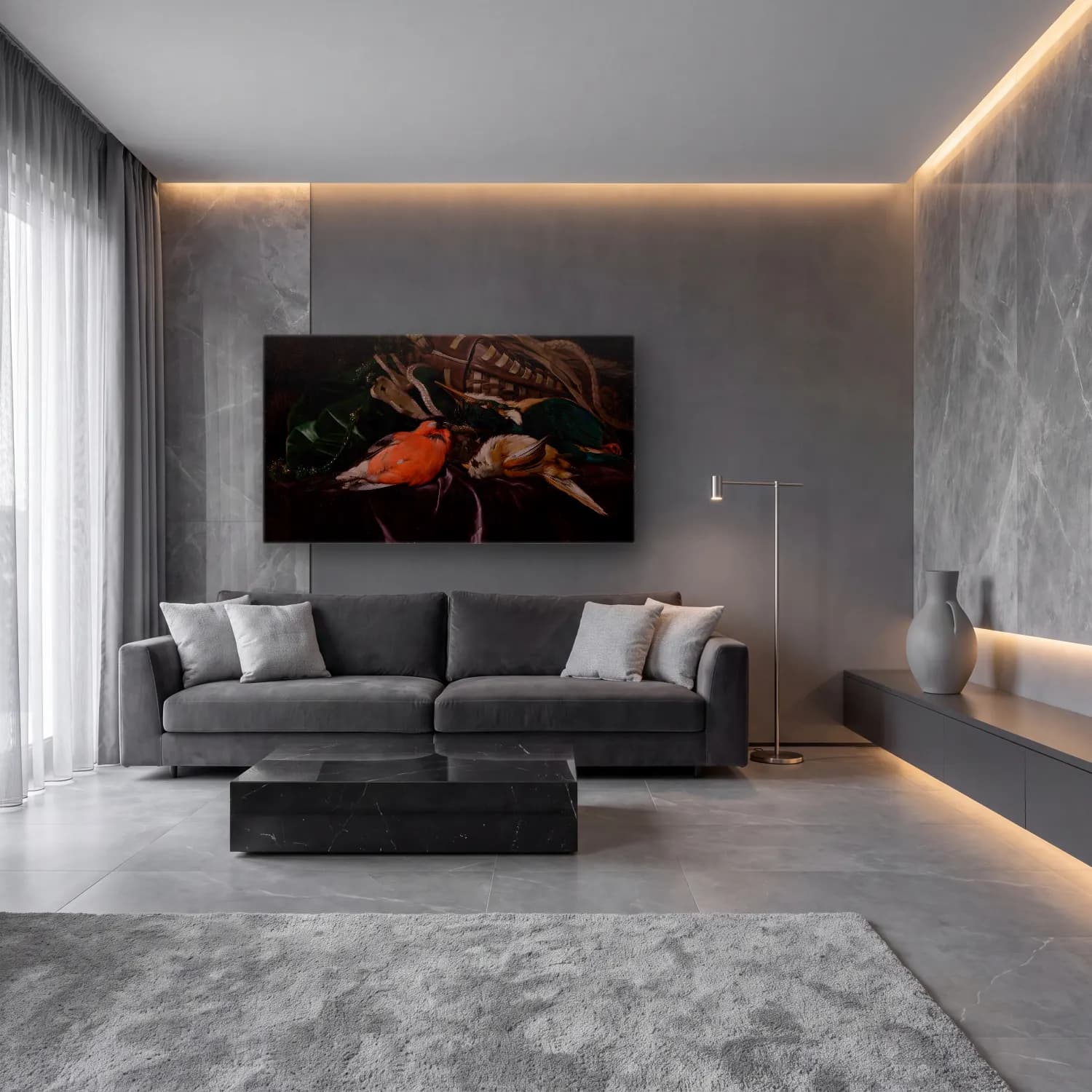 Willem van Aelst – Still Life with Dead Birds and Game Bag cam tablo — lüks salon duvarında