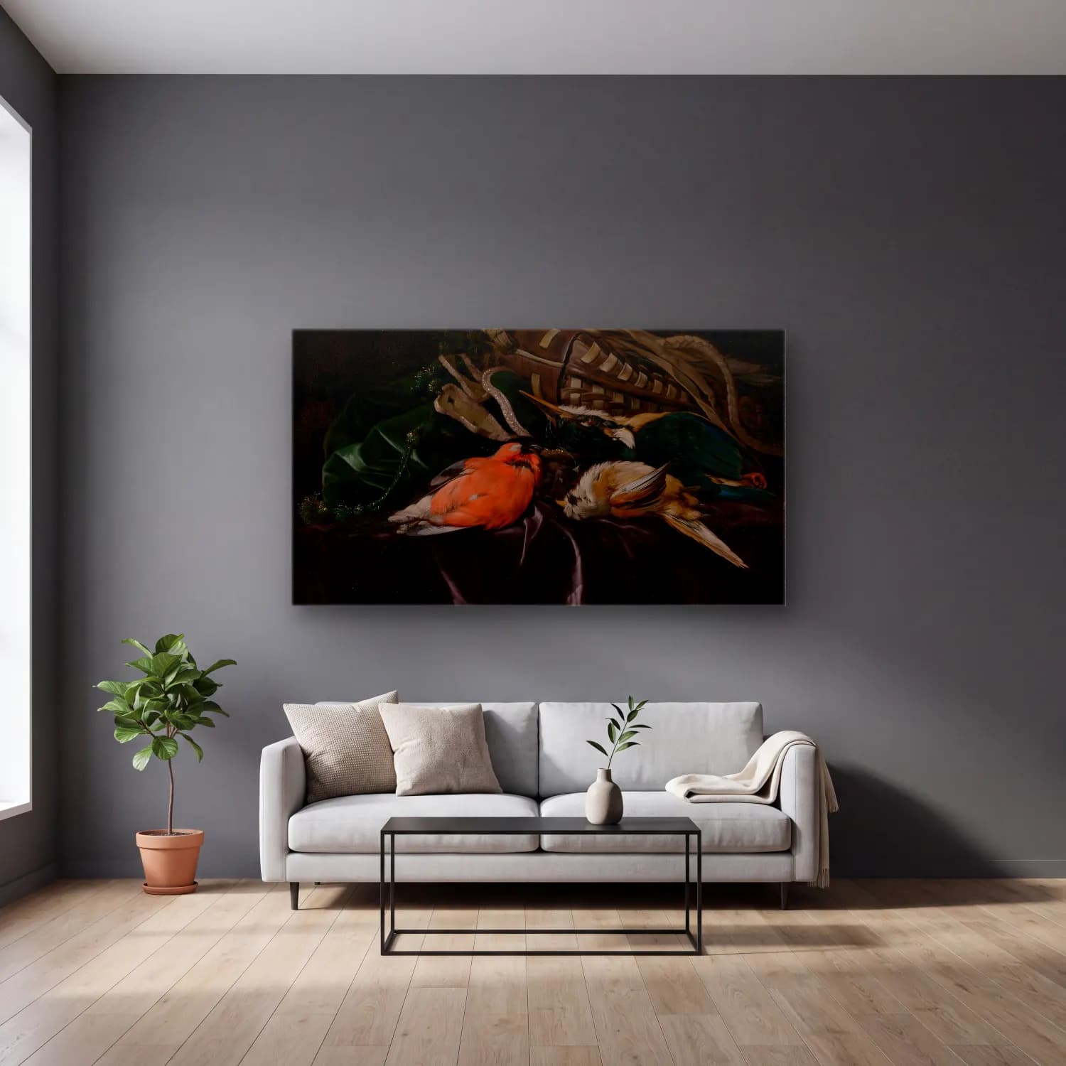 Willem van Aelst – Still Life with Dead Birds and Game Bag cam tablo — gri duvarlı salonda
