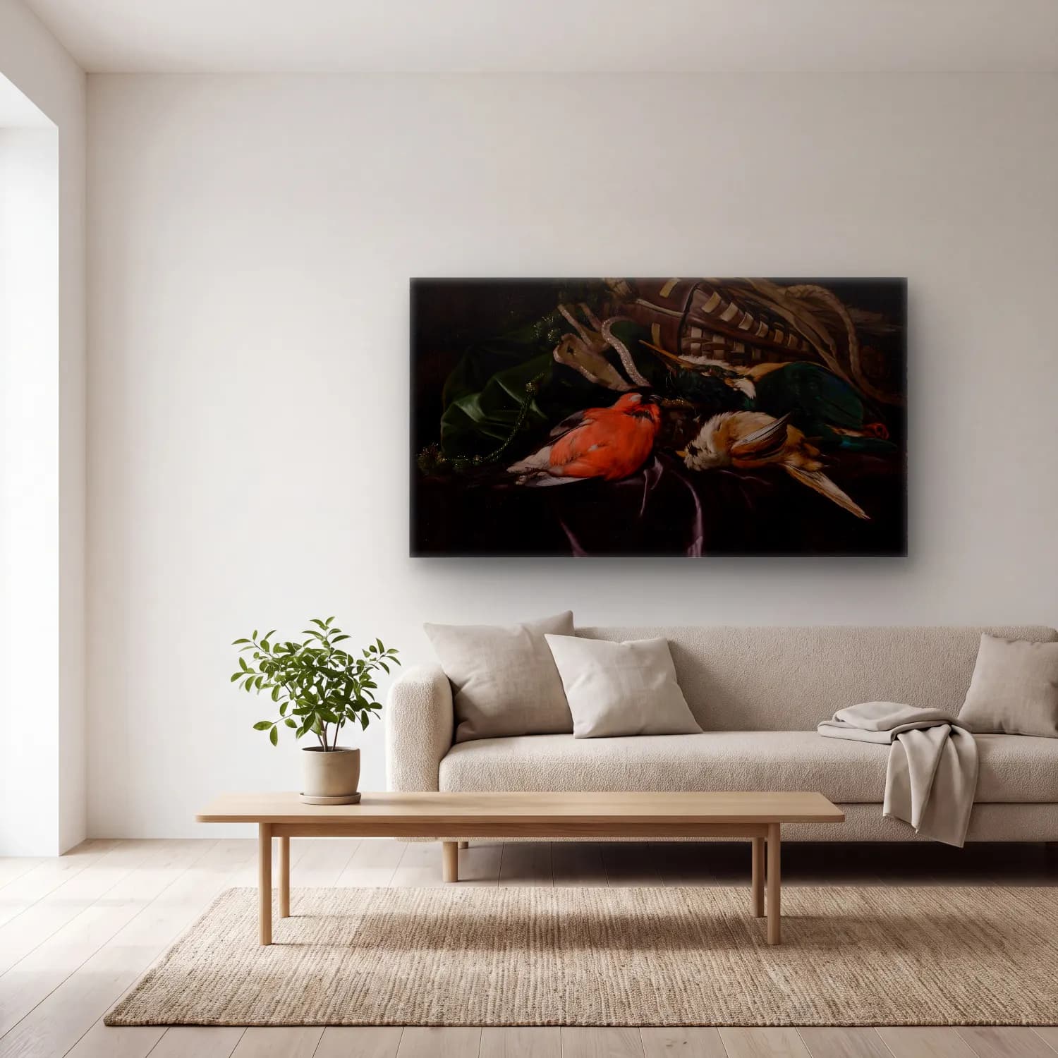 Willem van Aelst – Still Life with Dead Birds and Game Bag cam tablo — açık renk salonda