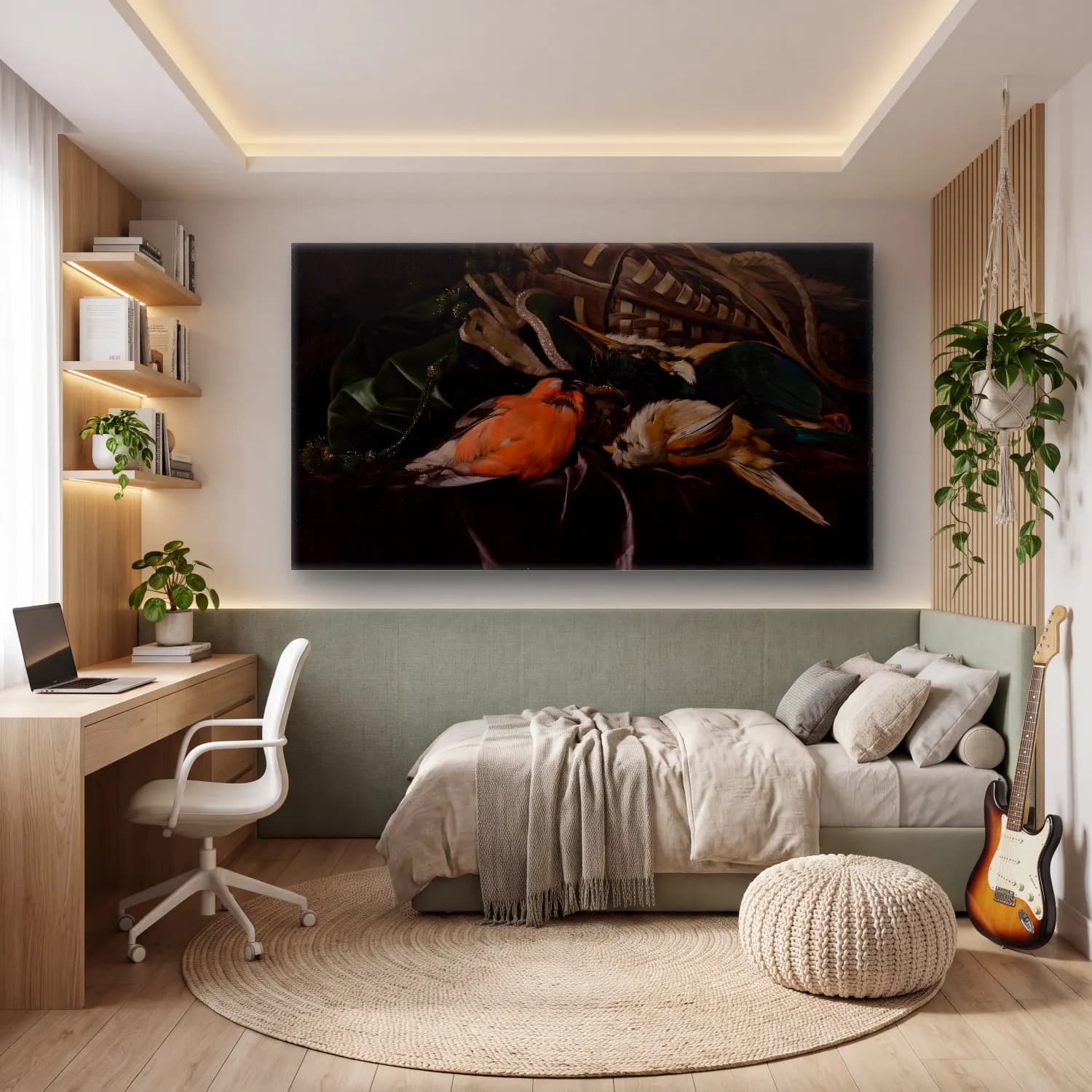 Willem van Aelst – Still Life with Dead Birds and Game Bag cam tablo — genç odasında