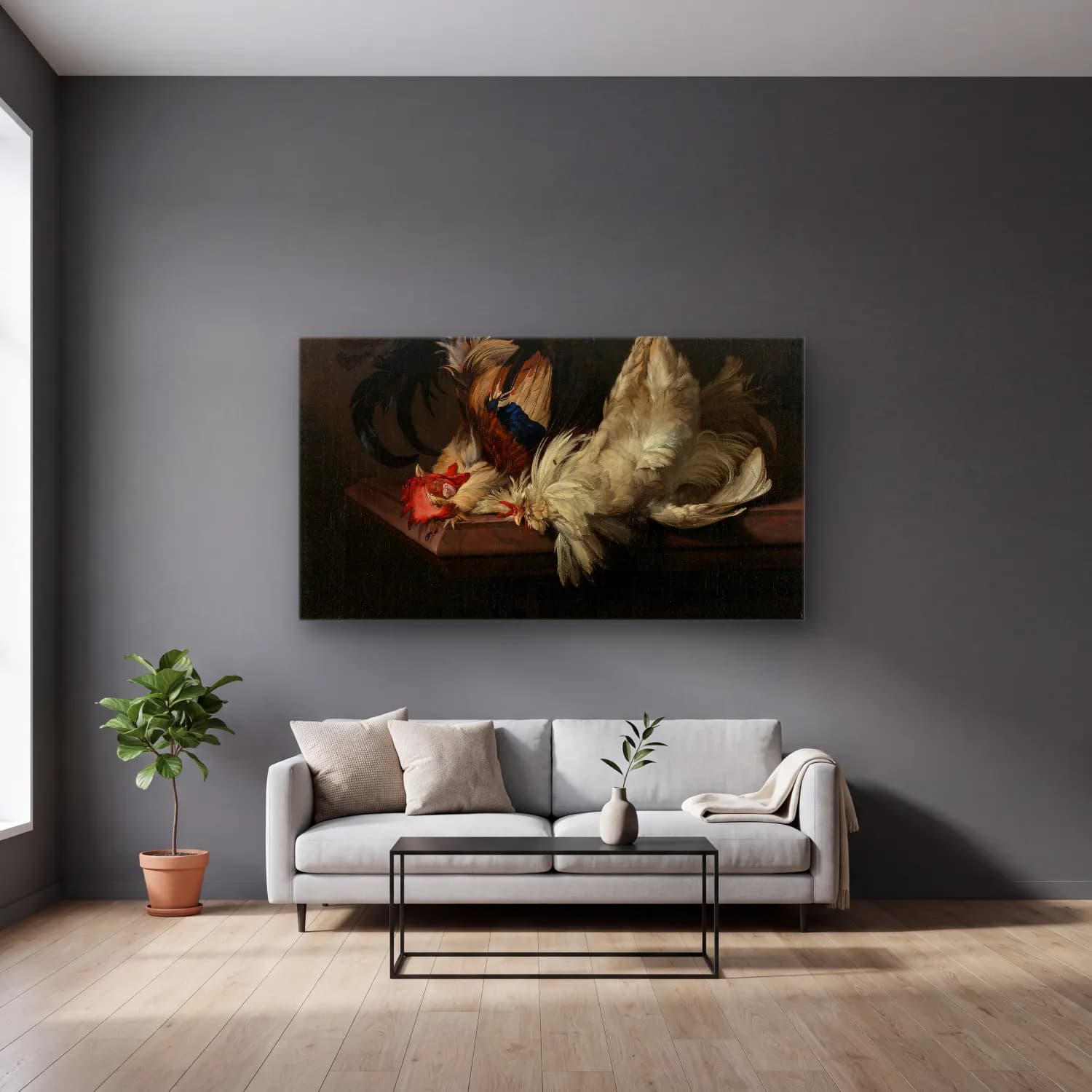 Willem van Aelst – Still Life with Fowl cam tablo — gri duvarlı salonda