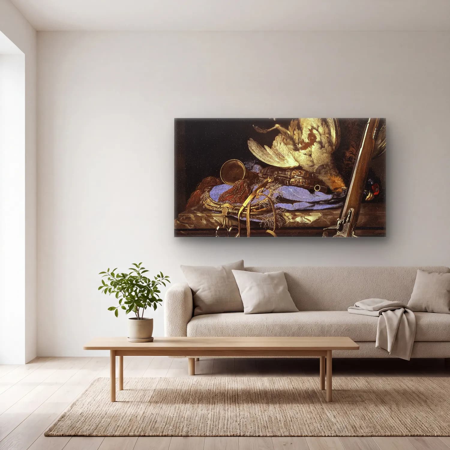 Willem van Aelst – Still Life with Hunting Gear cam tablo — açık renk salonda