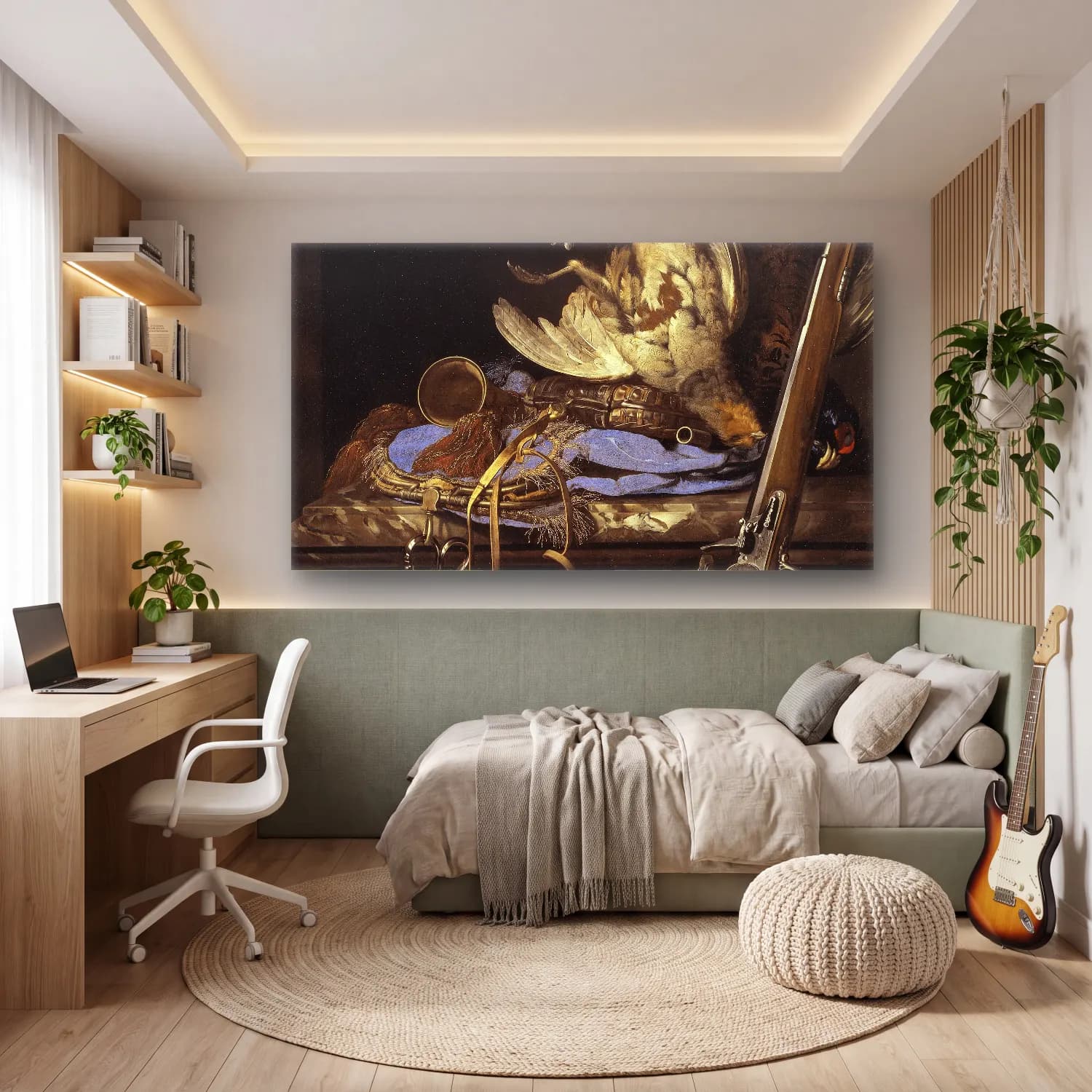 Willem van Aelst – Still Life with Hunting Gear cam tablo — genç odasında