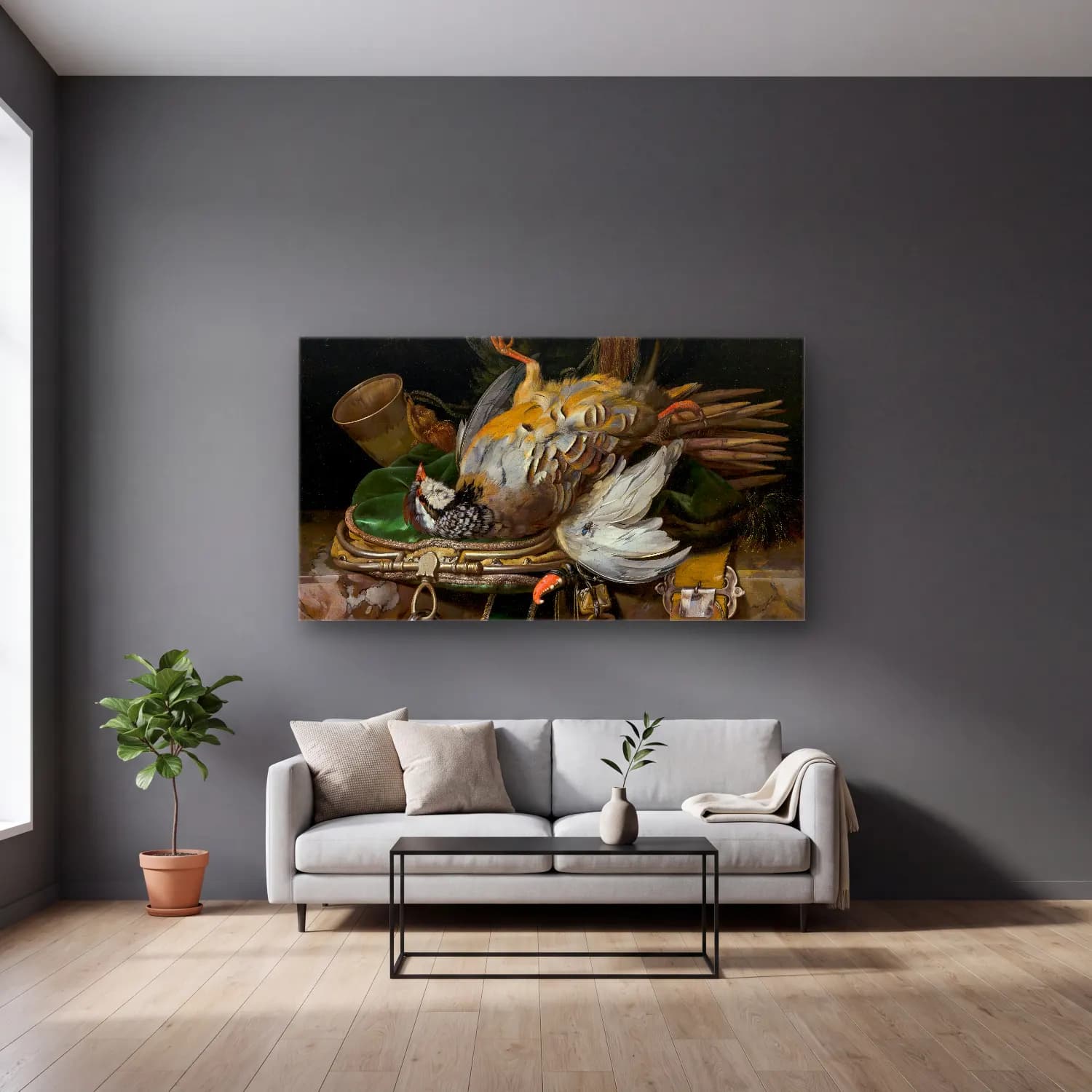 Willem van Aelst – Still Life with Partridges cam tablo — gri duvarlı salonda
