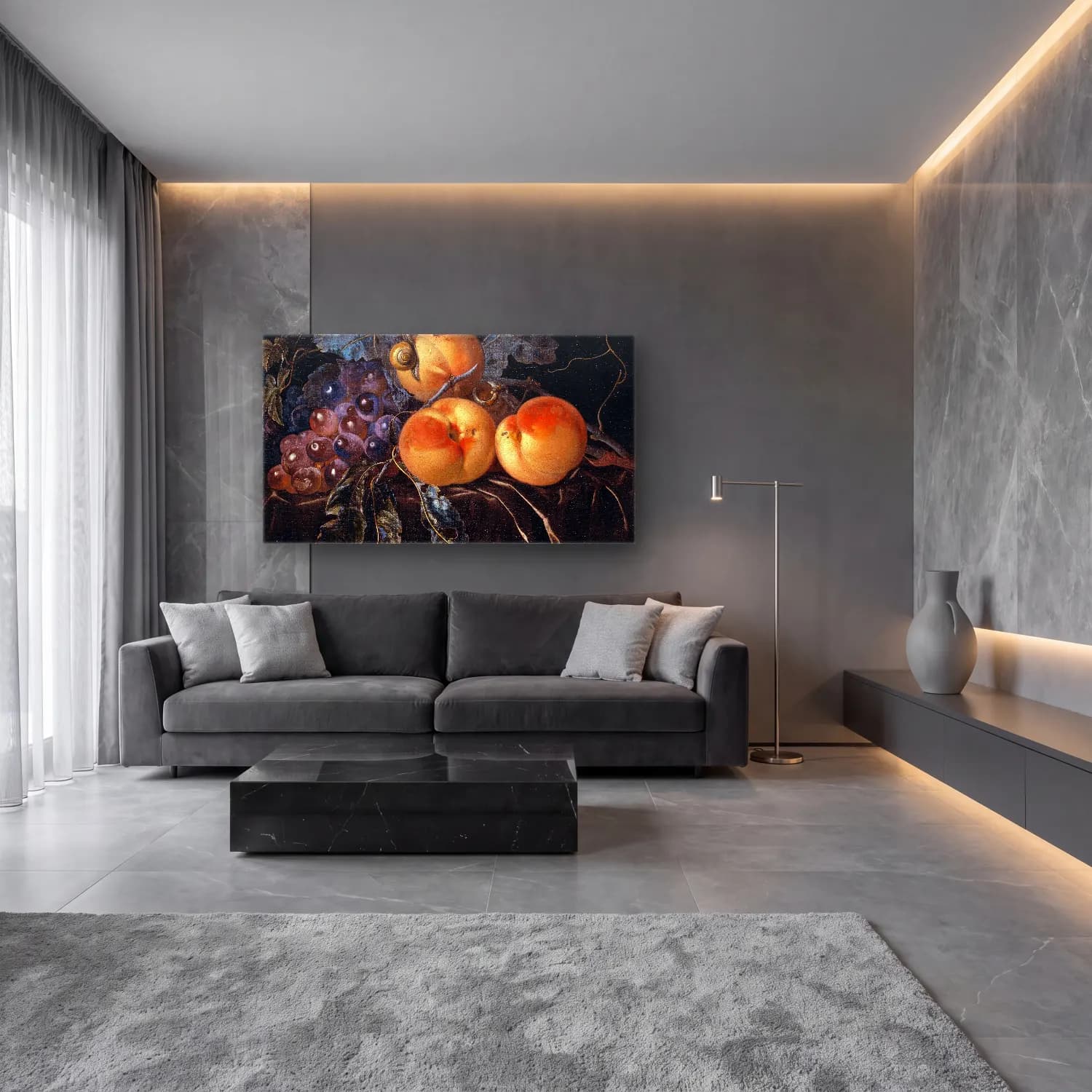 Willem van Aelst – Still Life with Peaches and Grapes cam tablo — lüks salon duvarında