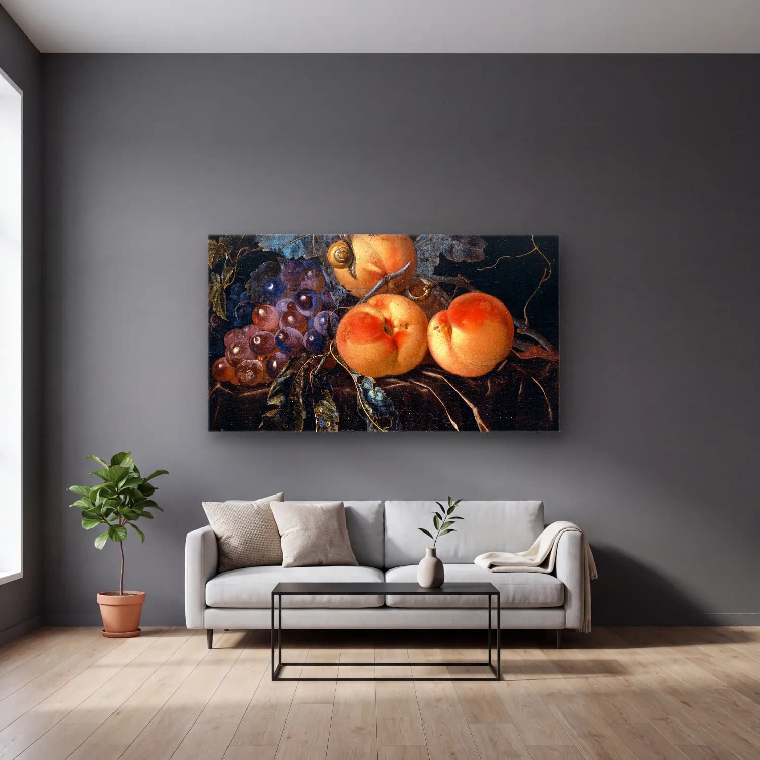 Willem van Aelst – Still Life with Peaches and Grapes cam tablo — gri duvarlı salonda