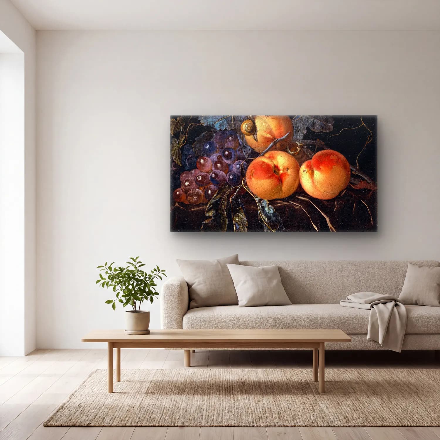 Willem van Aelst – Still Life with Peaches and Grapes cam tablo — açık renk salonda