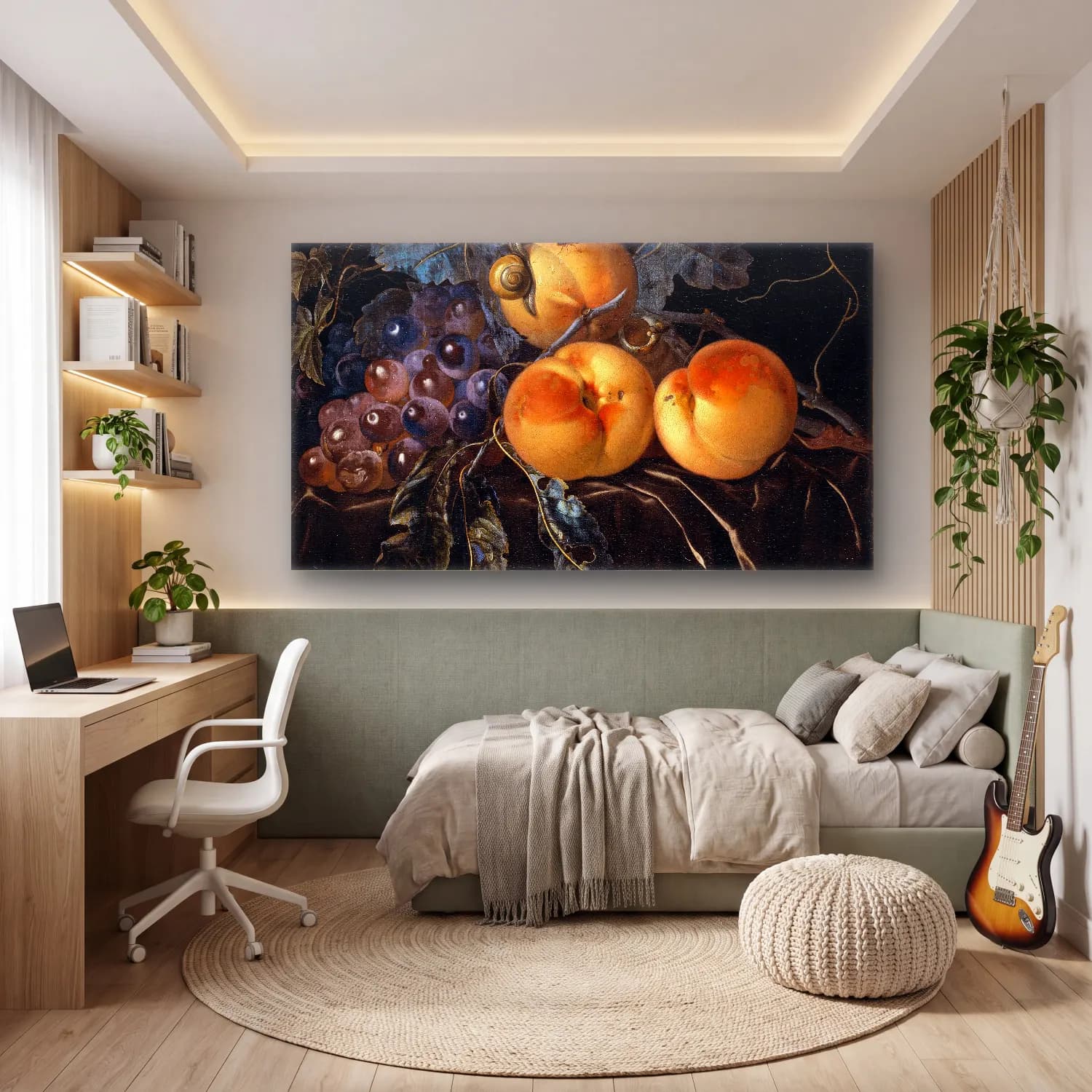 Willem van Aelst – Still Life with Peaches and Grapes cam tablo — genç odasında