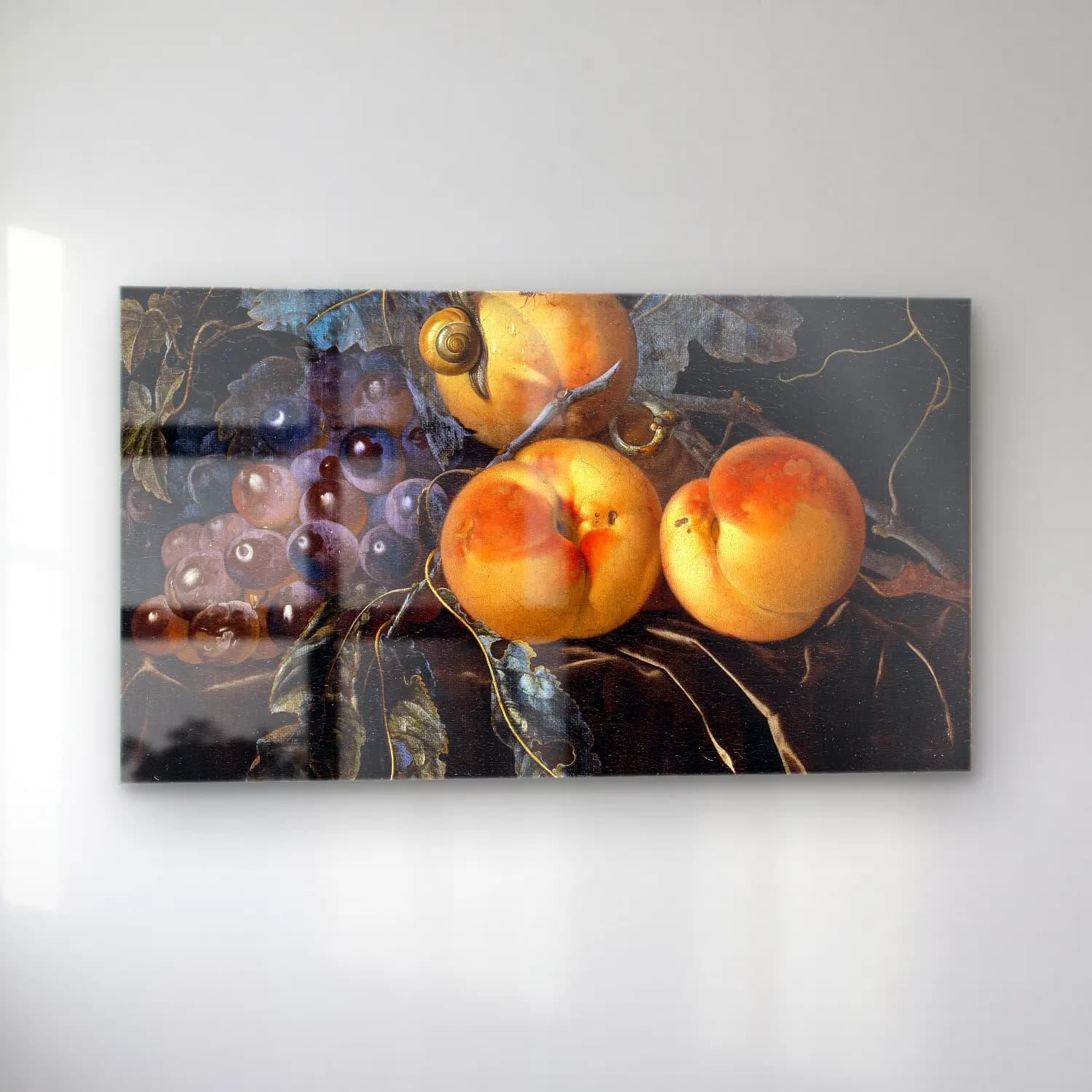 Willem van Aelst – Still Life with Peaches and Grapes cam tablo — sol açıdan görünüm