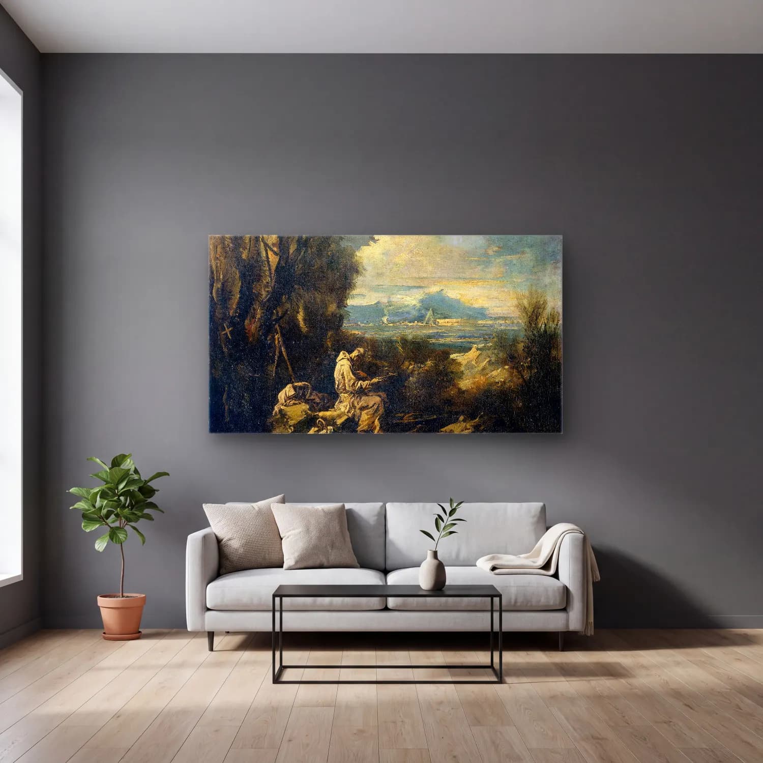 Alessandro Magnasco – Christ and the Samaritan Woman cam tablo — gri duvarlı salonda