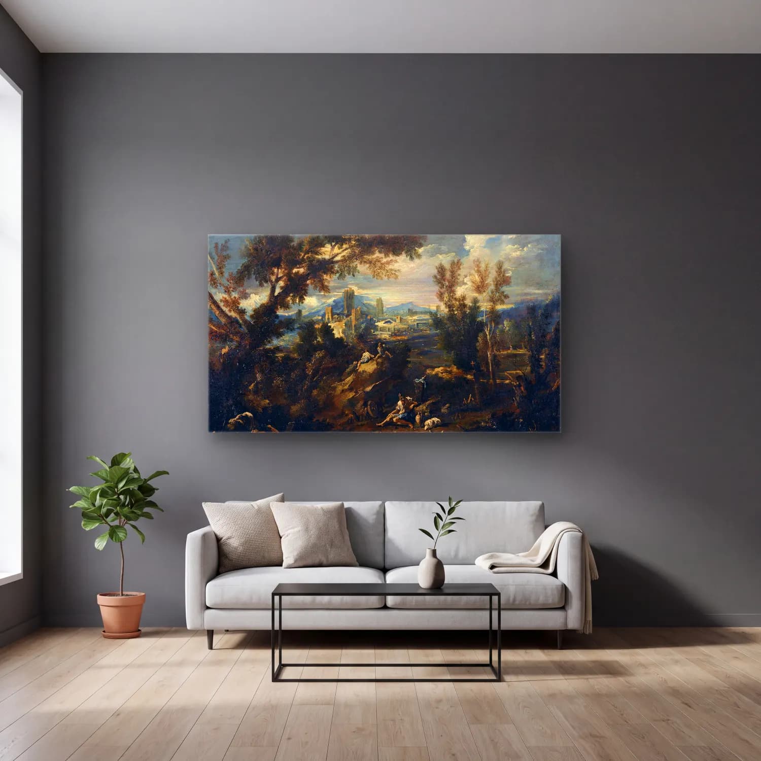 Alessandro Magnasco – Landscape with Shepherds cam tablo — gri duvarlı salonda