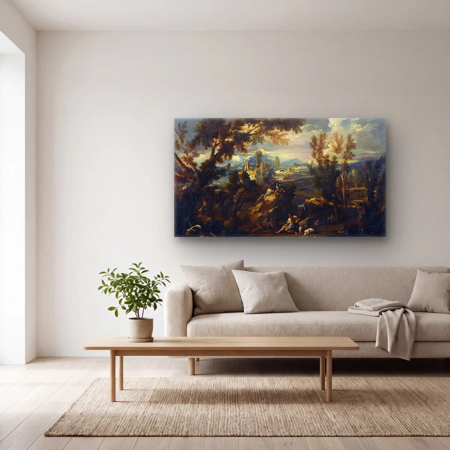 Alessandro Magnasco – Landscape with Shepherds cam tablo — açık renk salonda