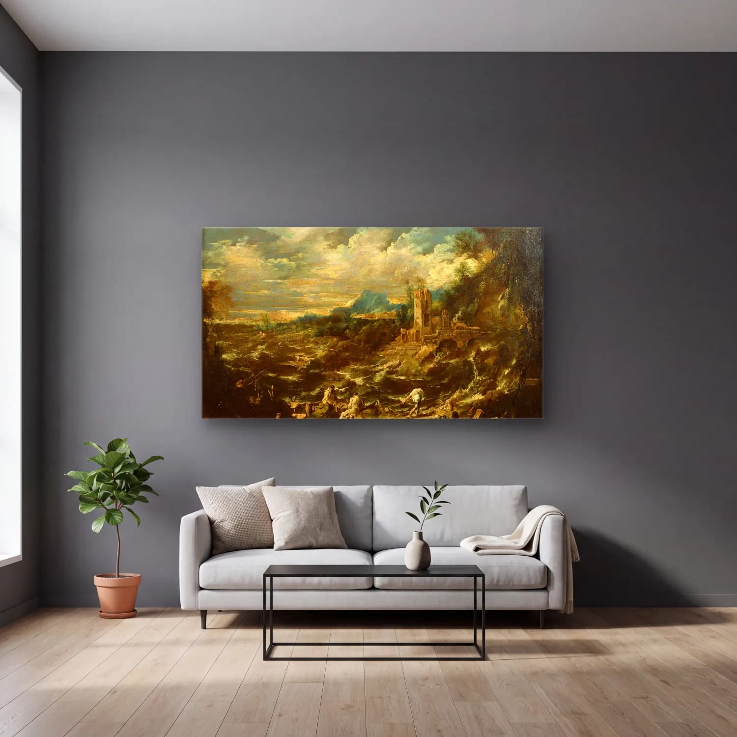 Alessandro Magnasco – Landscape with Stormy Sea cam tablo — gri duvarlı salonda