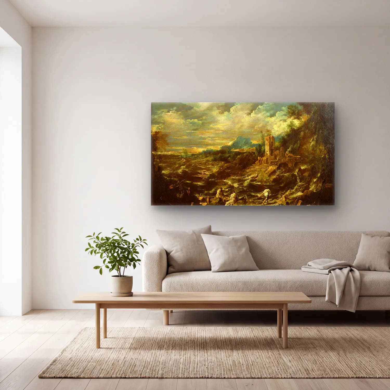 Alessandro Magnasco – Landscape with Stormy Sea cam tablo — açık renk salonda