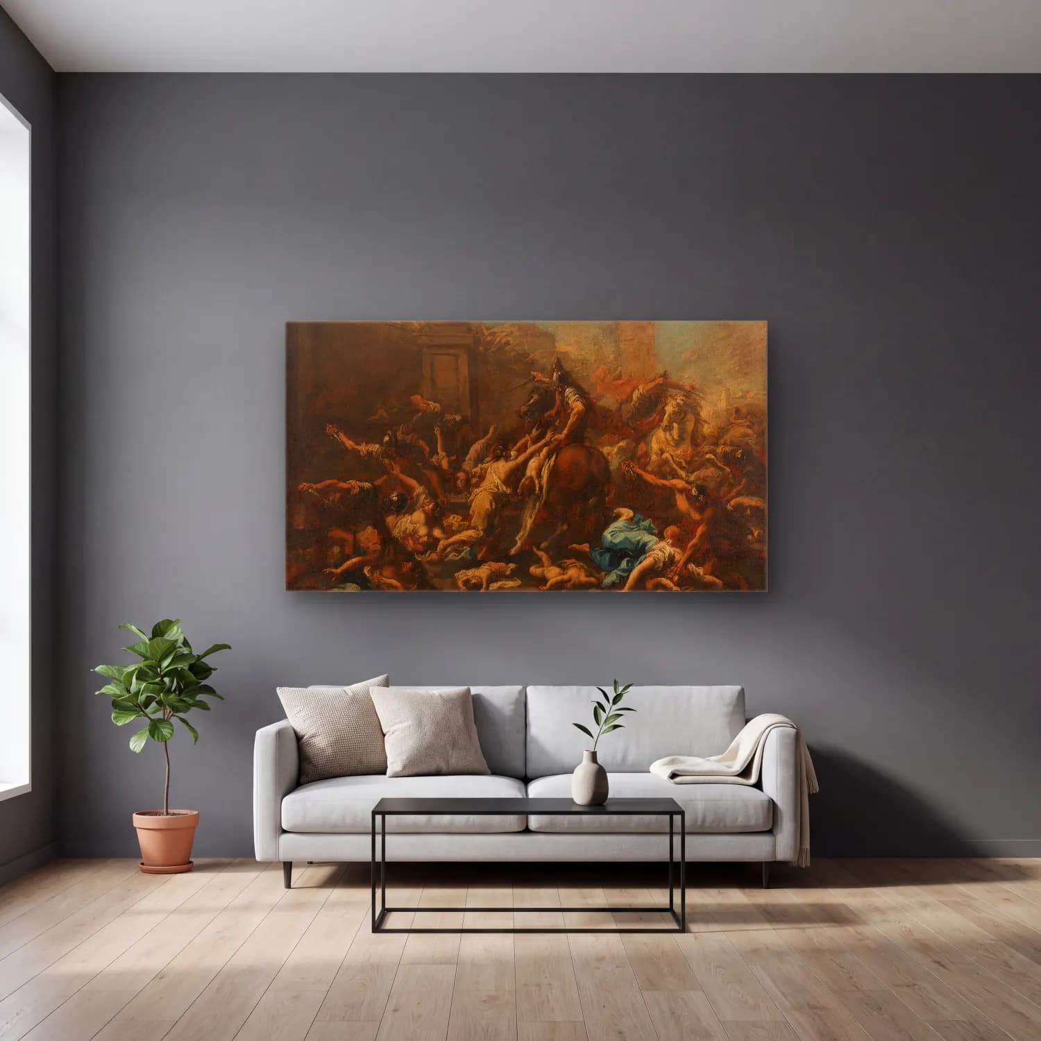 Alessandro Magnasco – Massacre of the Innocents cam tablo — gri duvarlı salonda