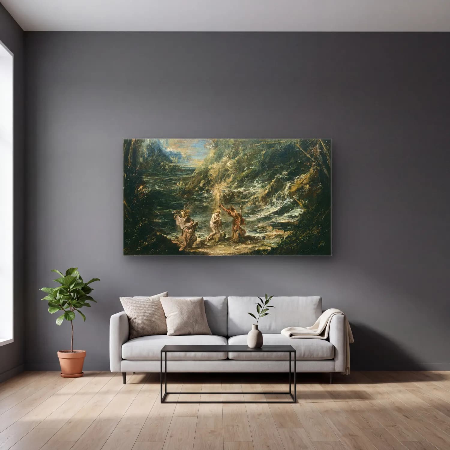 Alessandro Magnasco – The Baptism of Christ cam tablo — gri duvarlı salonda